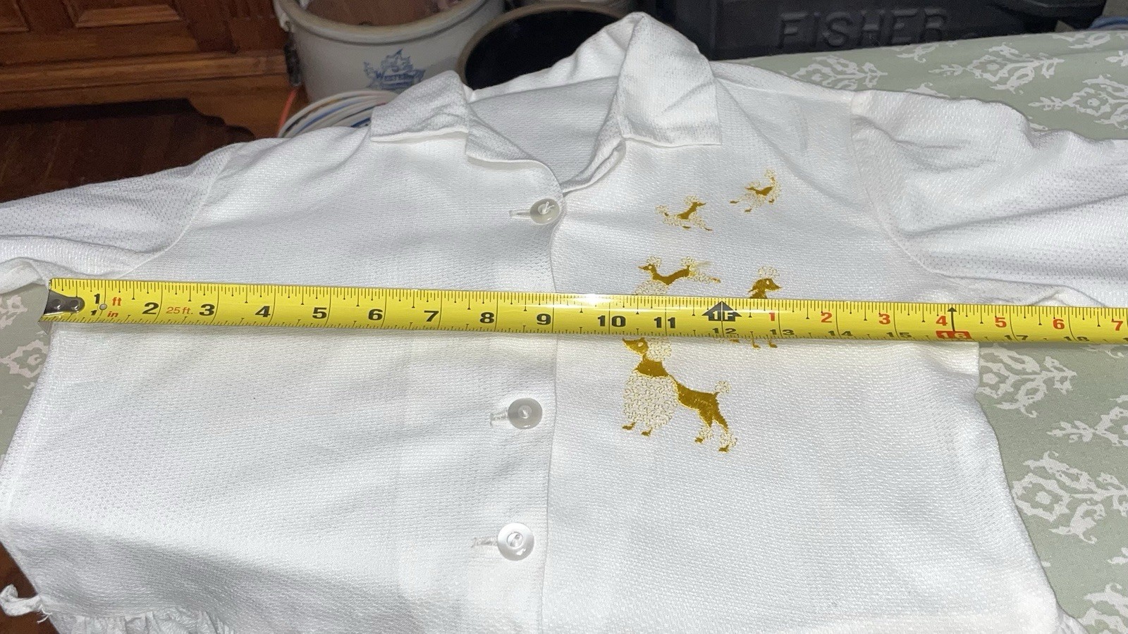Vintage 40s 50s White Cotton RAYON Dress Embroidered Poodles 32″ Bust 32” WAIST