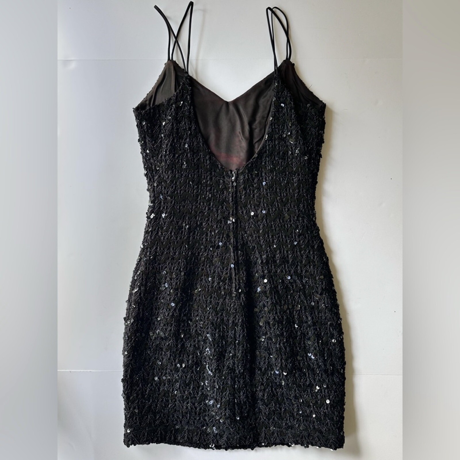 Vintage 1960s Low Back Sequin Black Mini Dress w/ Double Spaghetti Straps
