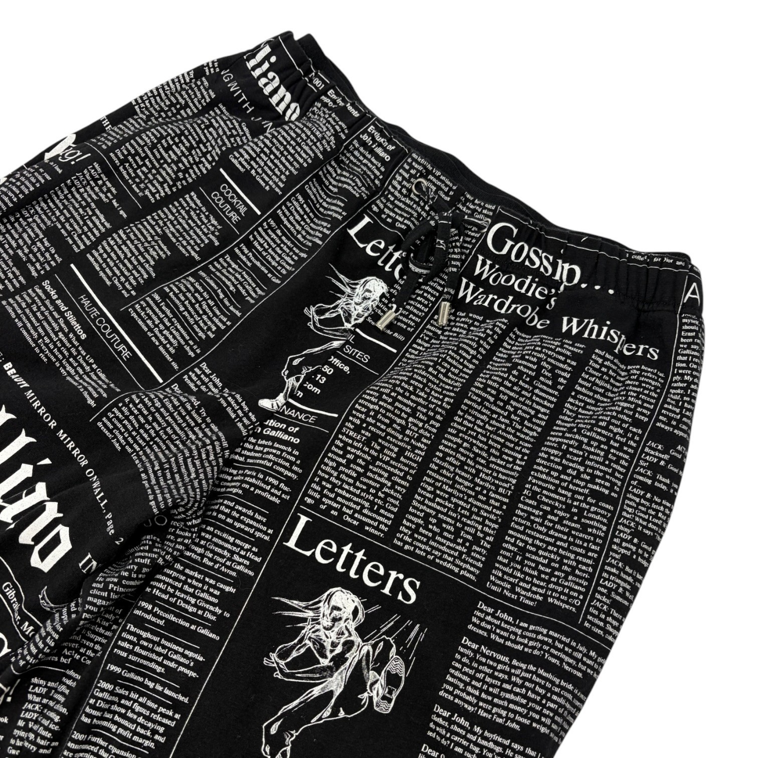 John Galliano Vintage Newspaper Print Hoodie Top Pants Set #XS Black 902549
