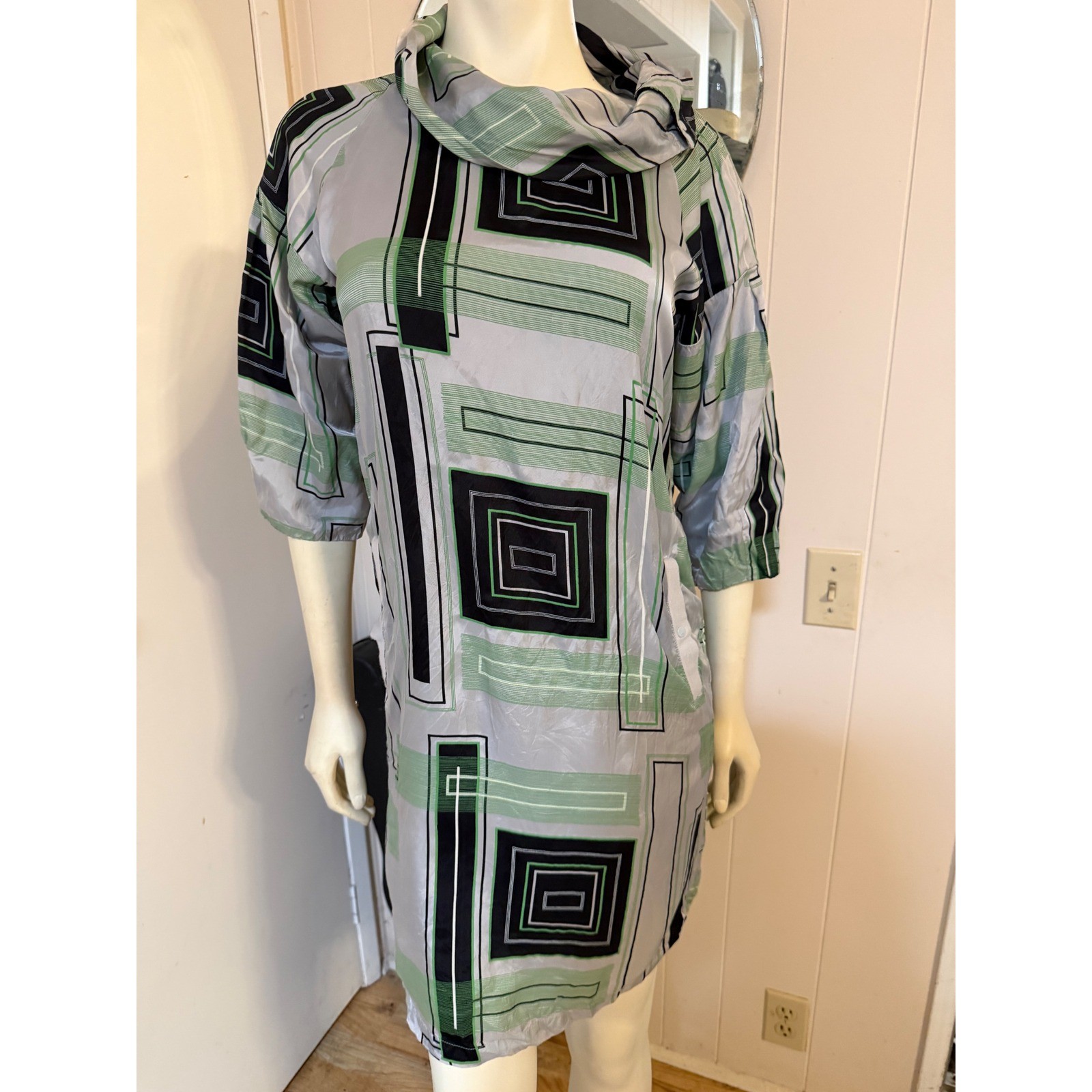 Diesel Vintage Satin Cowl Neck Shift Geometric Pattern W/Pockets Retro! S