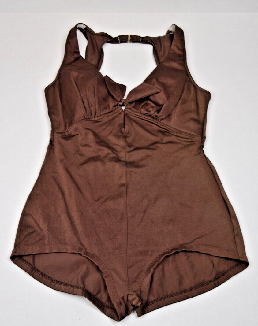 Swimsuit VTG 50s 60s Cole of California Silky Chocolate Brown Back Clasp Sz S/M