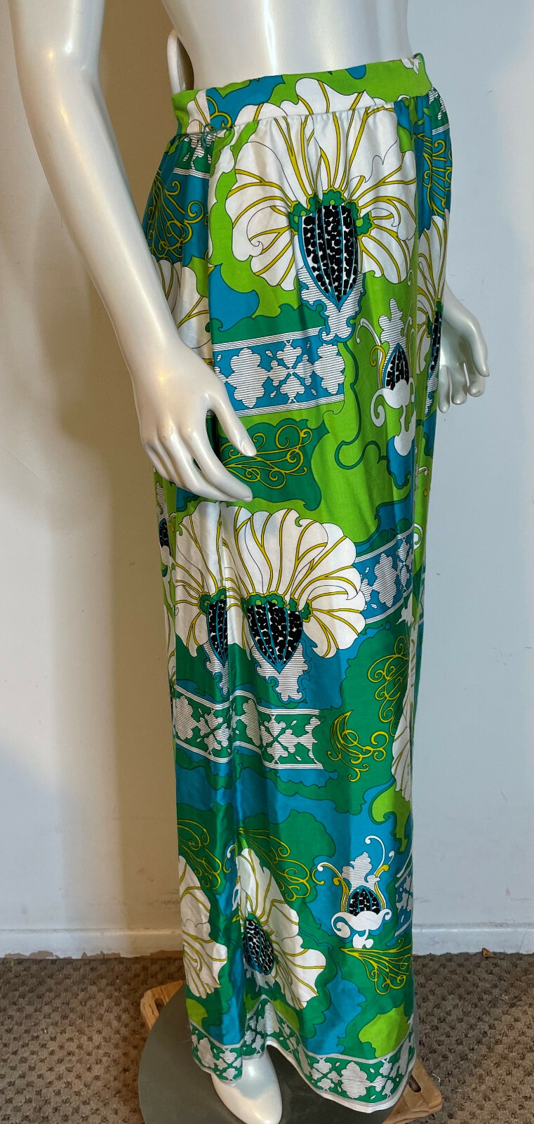 Vintage Alex Coleman 60s 70s Mod Floral Long Maxi Skirt S M Green Blue Art Deco