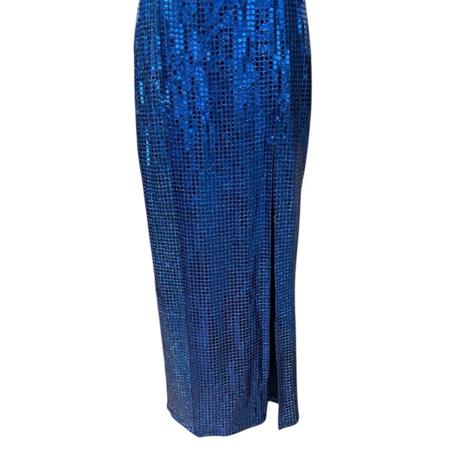 Vintage L.A. Glo Blue Sequin Maxi Dress 90s Spaghetti Strap Gown Small ^
