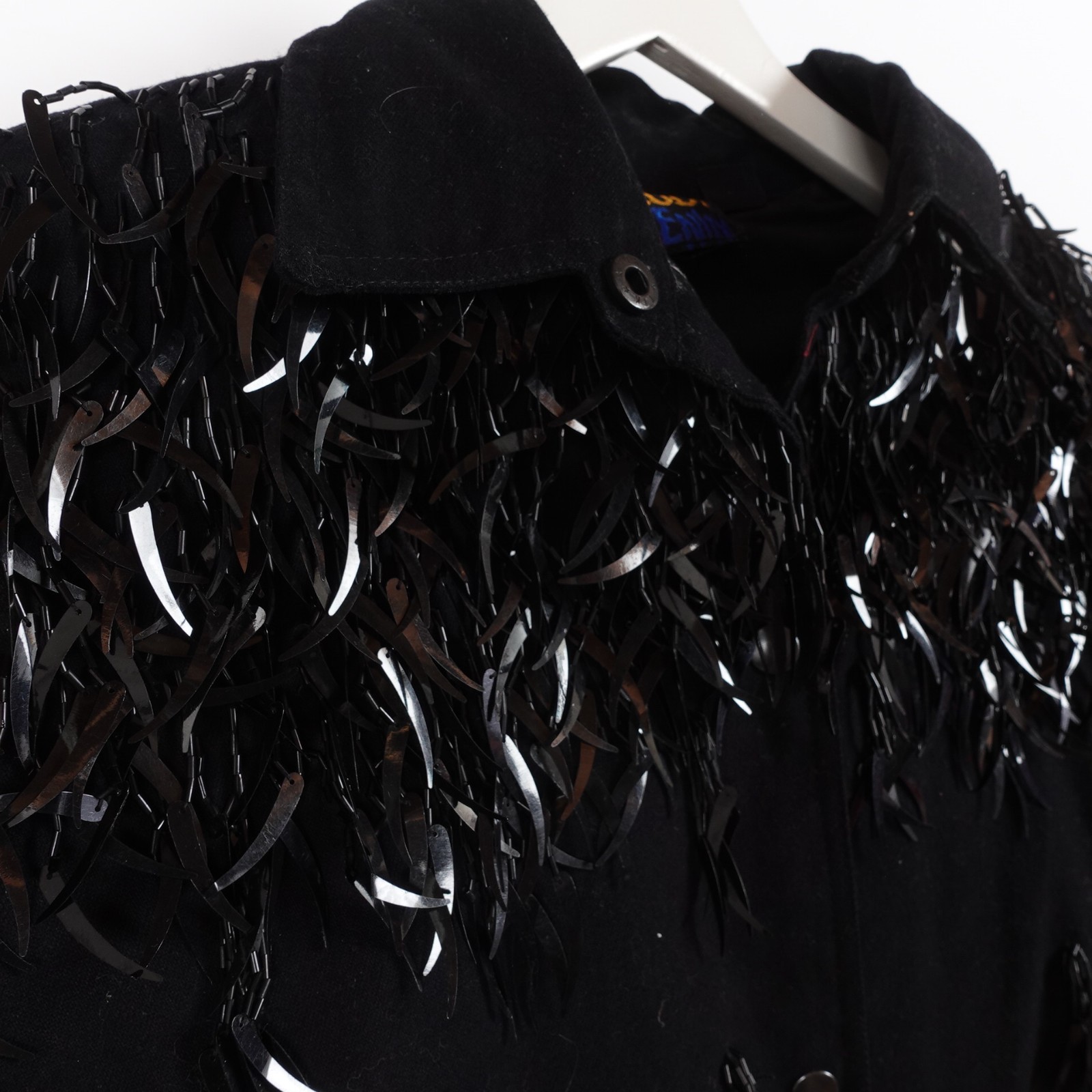Vintage Modi Denim Feather Sequin Jacket Women Size Large Black Beaded Fringe