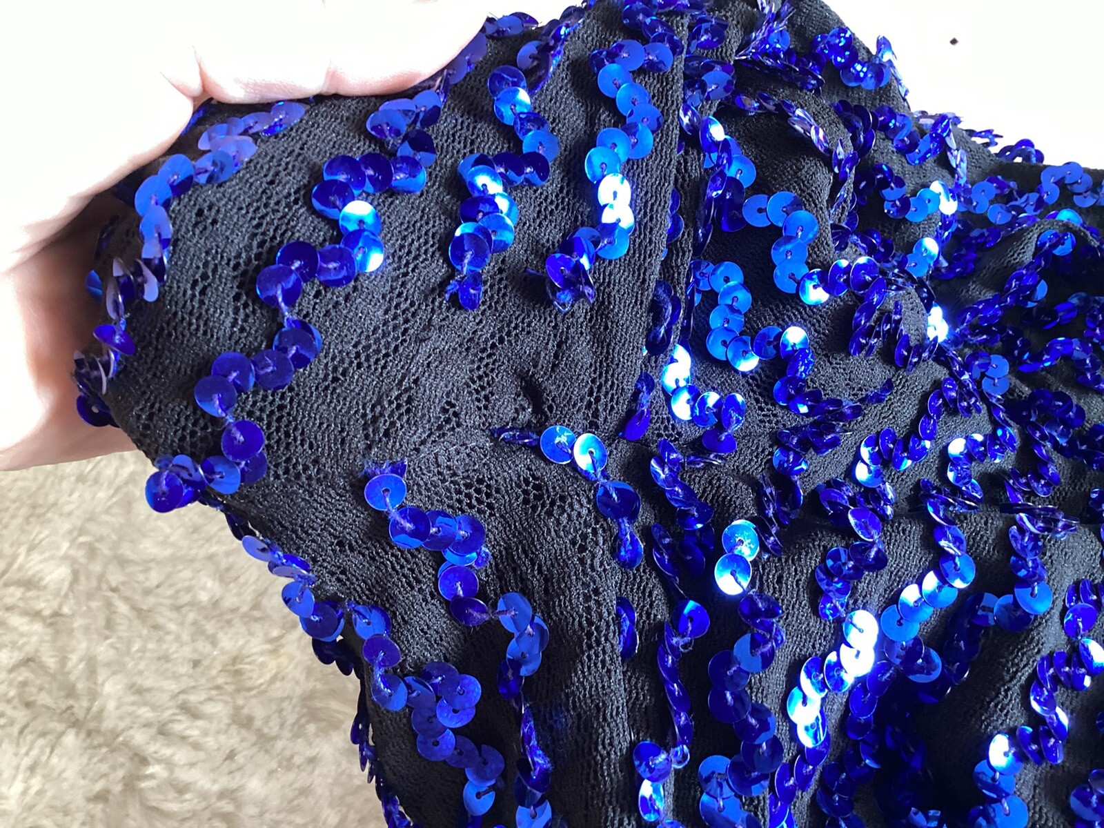 Vintage 90s Karen Okada Climax Blue Sequin Lace Long Sleeve Mini Dress~5/6