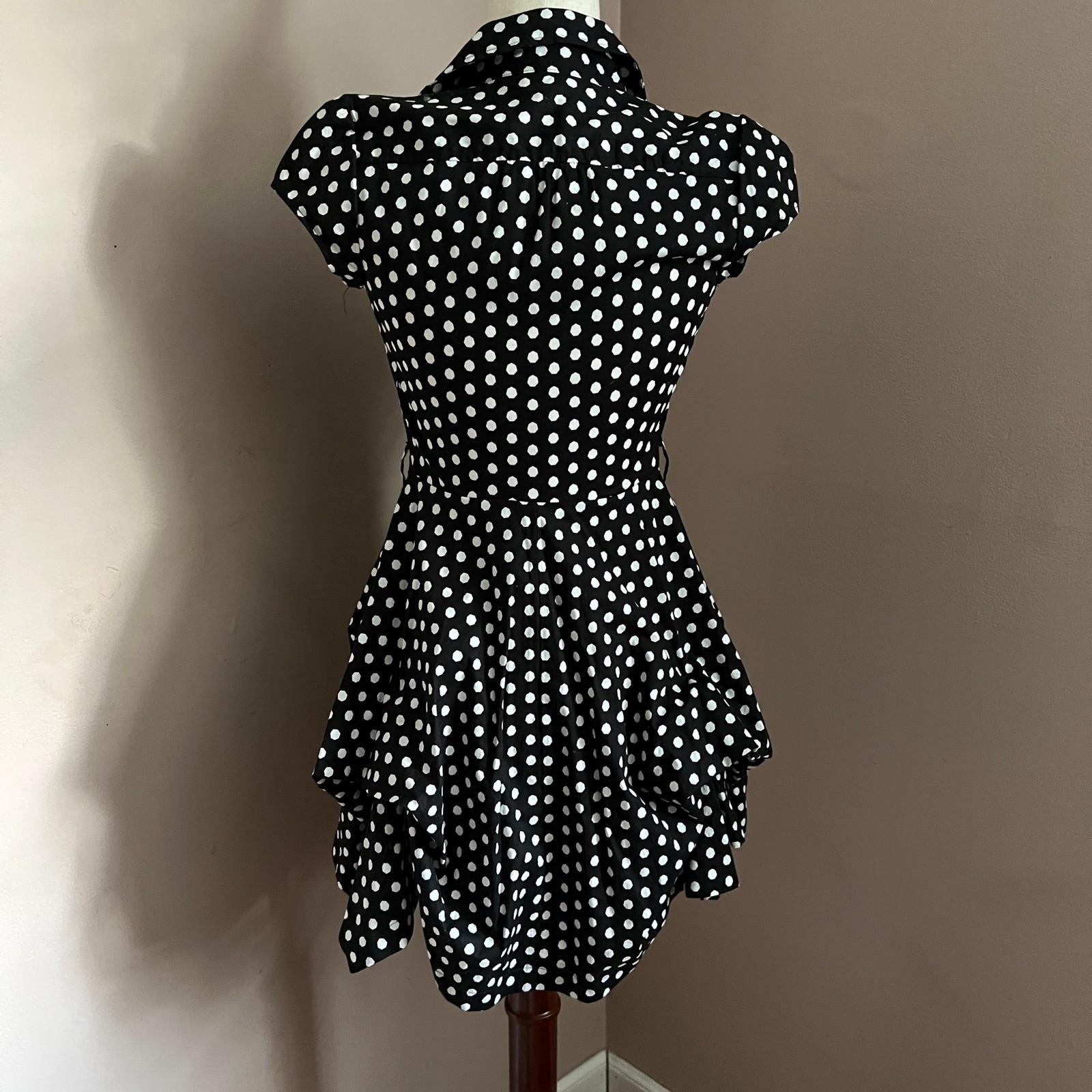 Y2K Polka Dot Dress iZ Byer Black White Ruffle Skater Retro Indie Parisian Sz XS