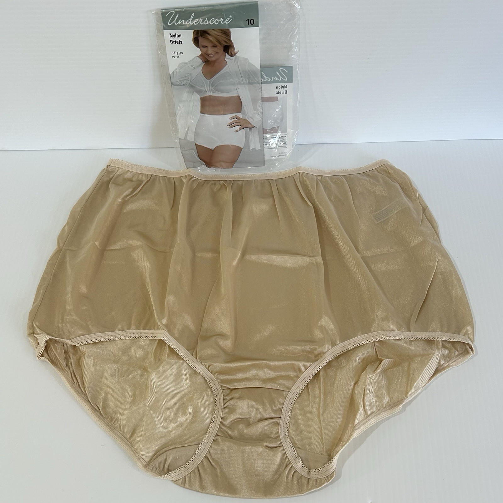 Vtg Nylon Panties Granny Briefs Full Hi Waist Sissy Beige Sz 10 & 11 – 3 Pair