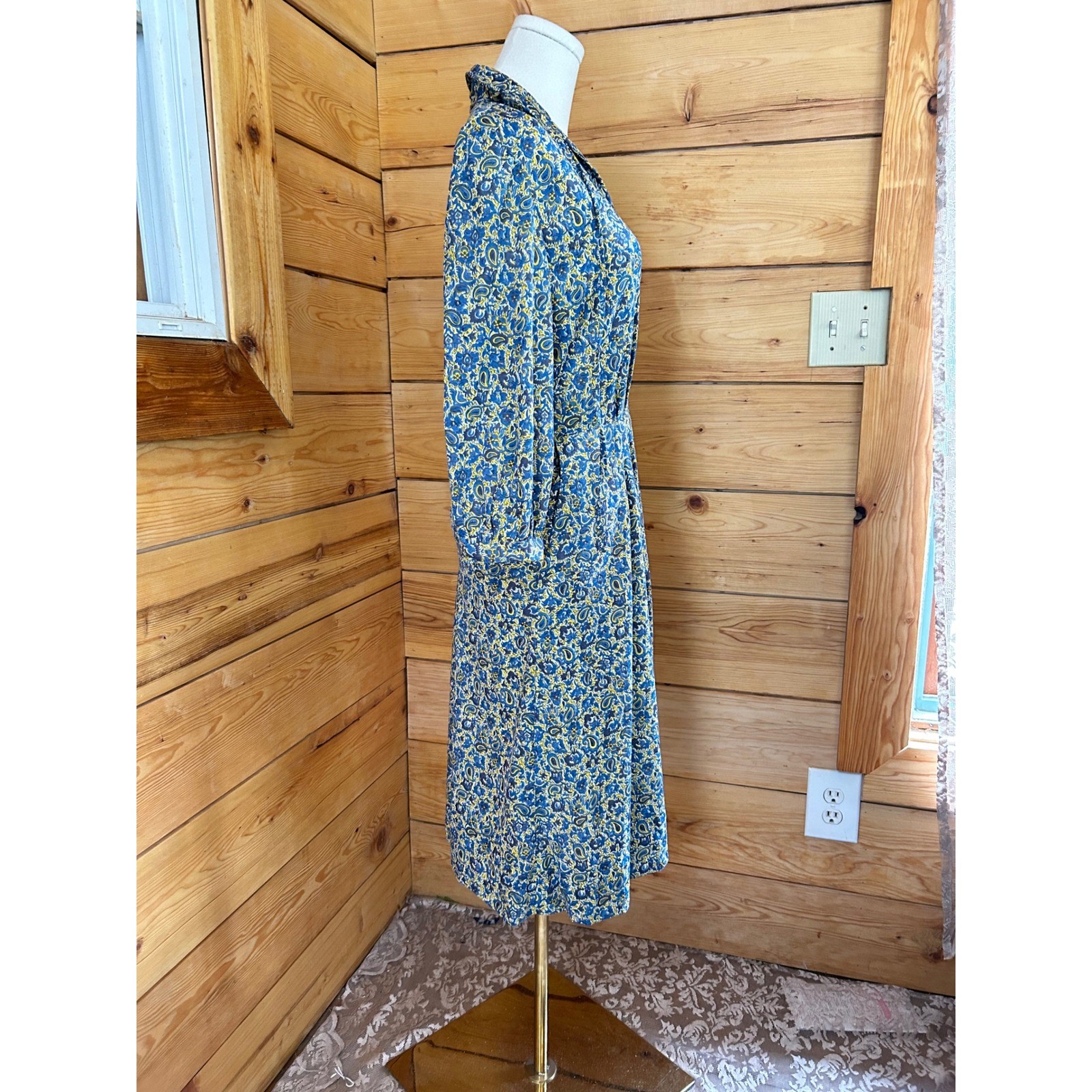 Vintage Day Dress Womens Size 14.5 Blue Yellow Paisley Pleated Shelton Stroller