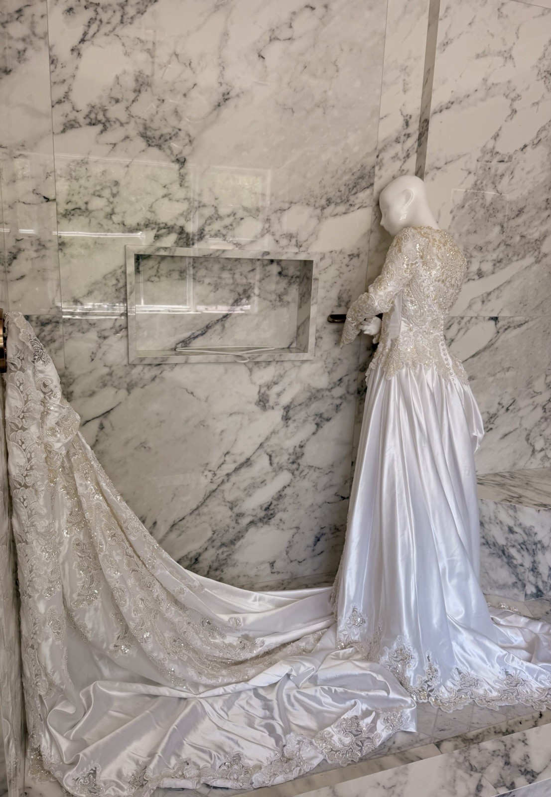 Vintage 1980s Pearl Beaded Wedding Dress Train Satin Ivory Bridal Gown LongSleve