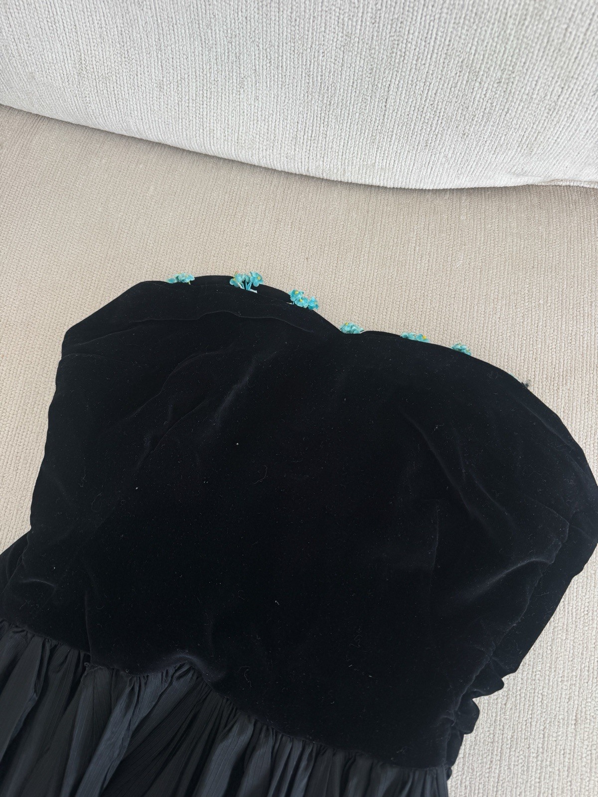 Vintage 40s/50s Black Dress Formal Maxi Strapless Velvet Floral Gown Prom