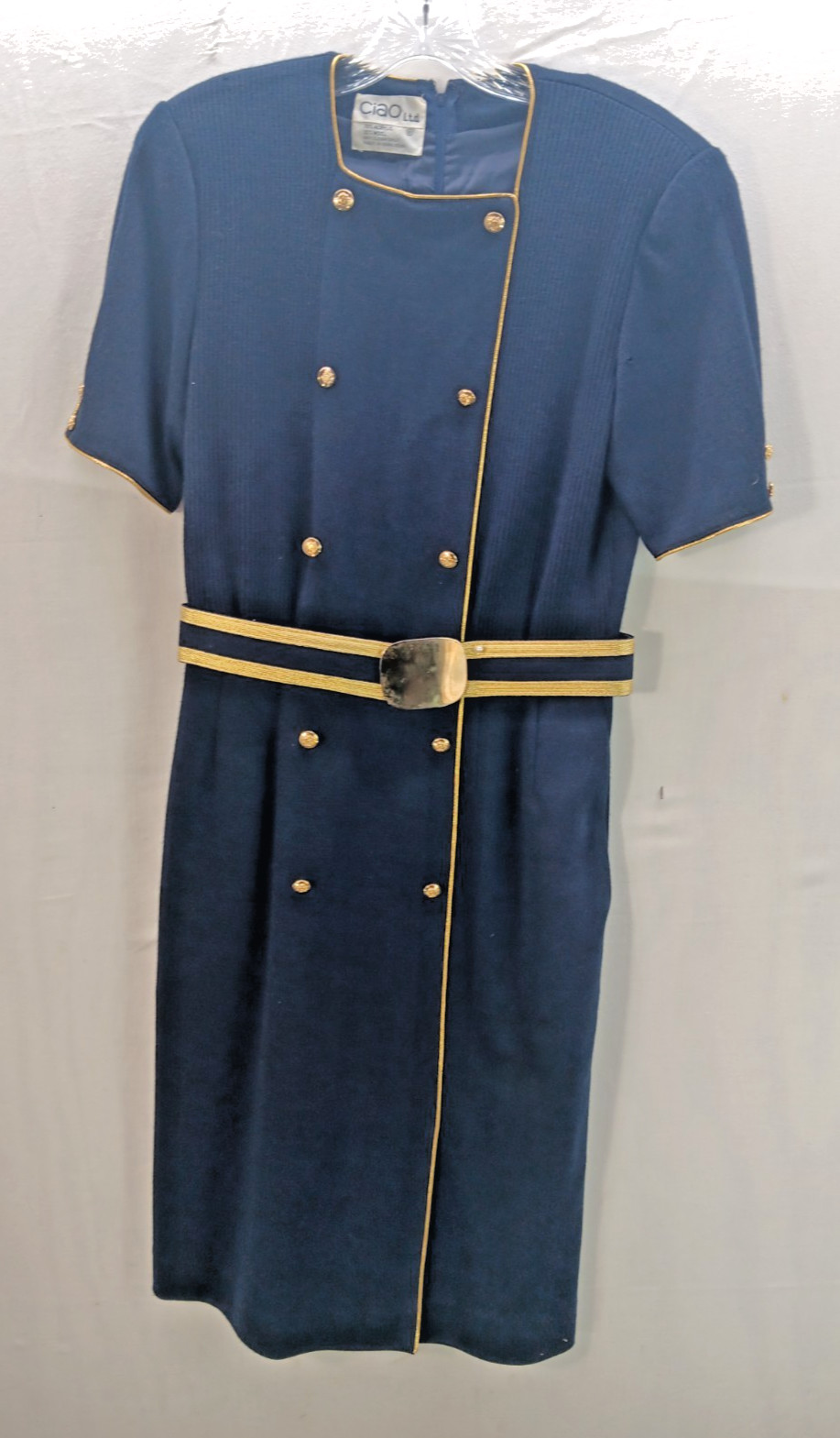 Vintage CIAO Ltd Navy Blue Wool Knit Dress Sz 8 Shoulder Pads Pockets 1970s