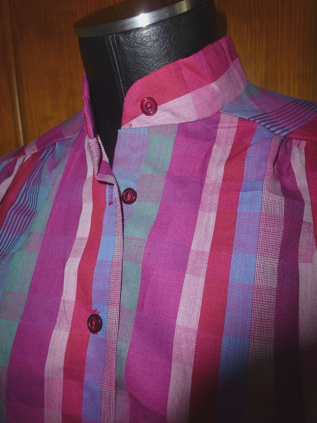 New Tag Vtg 80s Berry Green Check Geo stripe Secretary Boho Tunic Top Blouse NOS