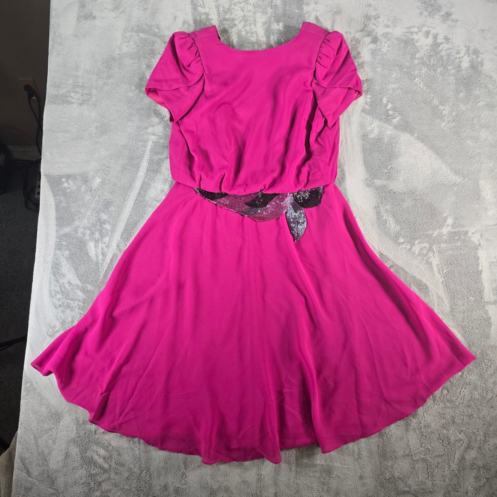 Vintage 1980s Denise Fashions Magenta Chiffon Bugle-Bead Applique Dress (S)
