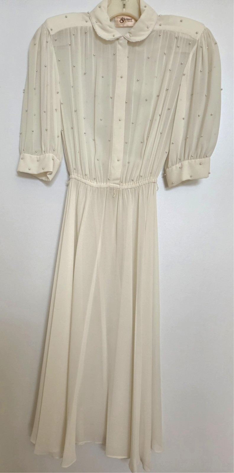 Vintage Bonnie Strauss Sheer Off White Peal Embellished Dress