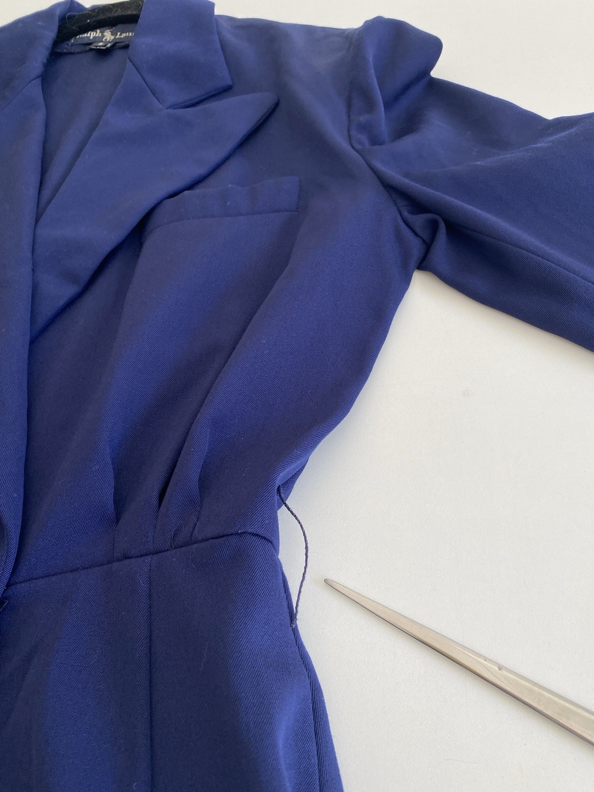 Vintage Ralph Lauren 6 100% Wool Tuxedo Jacket Wrap Dress Blue Midi