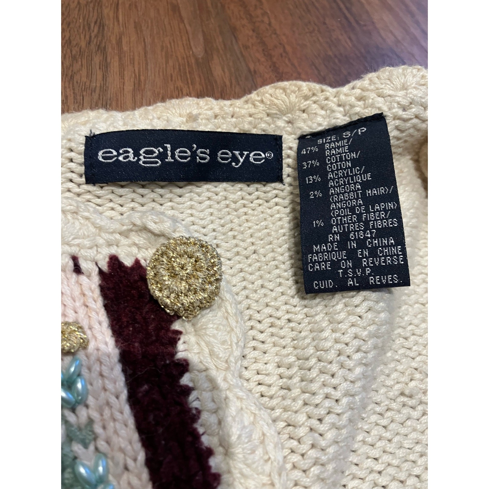 VTG Eagle’s Eye Small Embroidered Floral Beige Gold Green Pink Cardigan Sweater