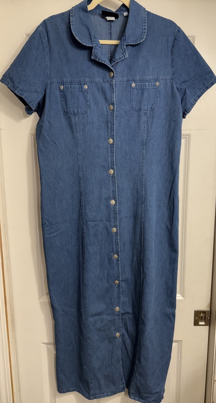 Vtg 90s Tradwife Traditional Faded Glory Button Down Denim Dress Sz 14 Ribbed