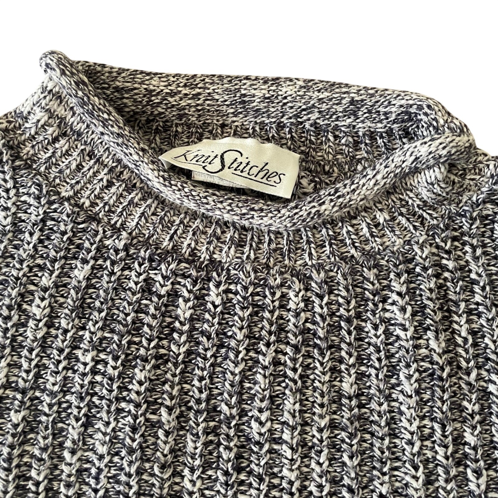 Vintage Roll Neck Knit Stitches Sweater Womens M Cropped Boxy Oarsman Fisherman