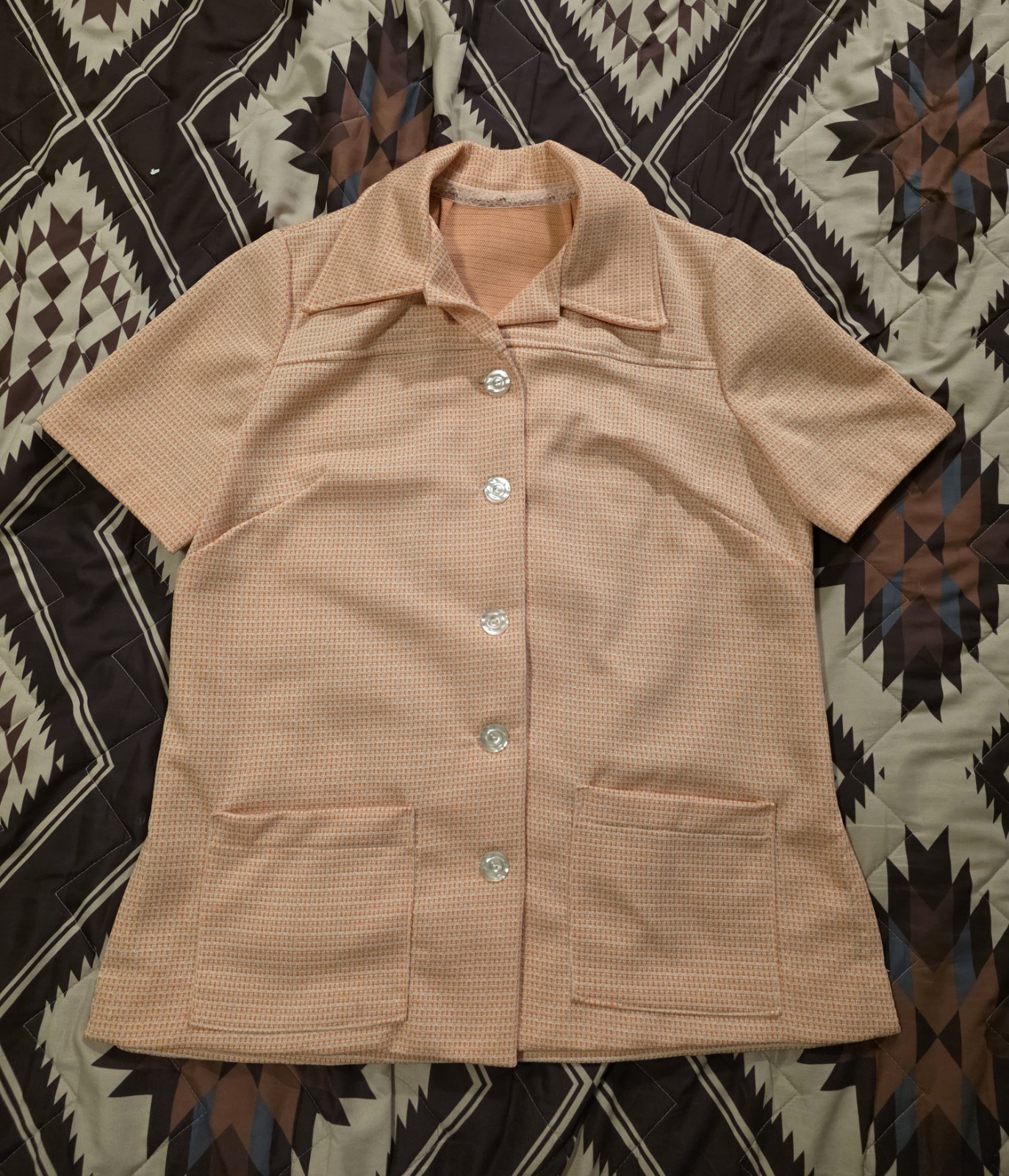 Vtg 70s Short Sleeve Pocketed Jacket Shirt Shaket Peach Women’s Size L/XL EUC