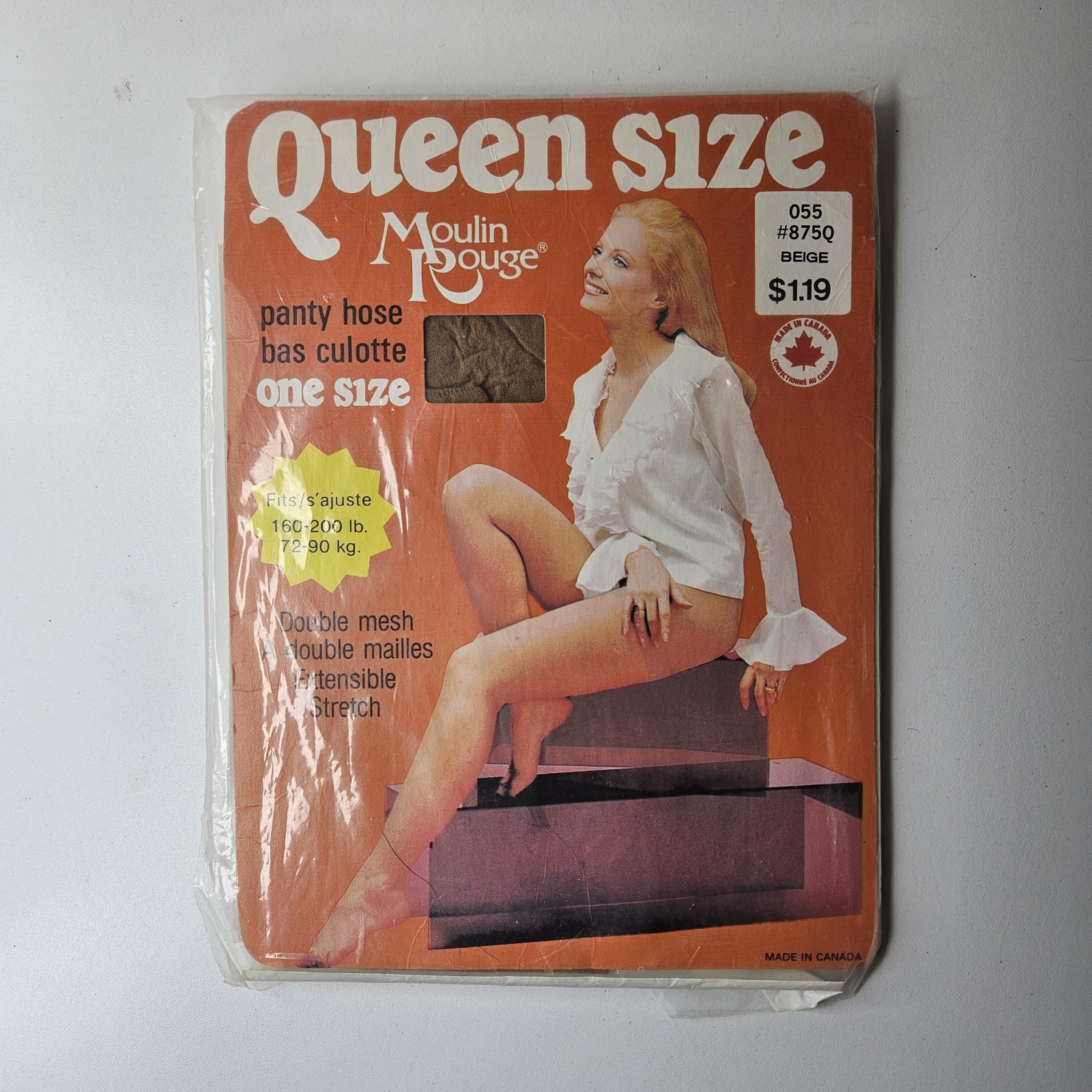 Vintage 80s Queen Size Moulin Rouge Pantyhose New Linen Double Mesh 160-200 Lbs