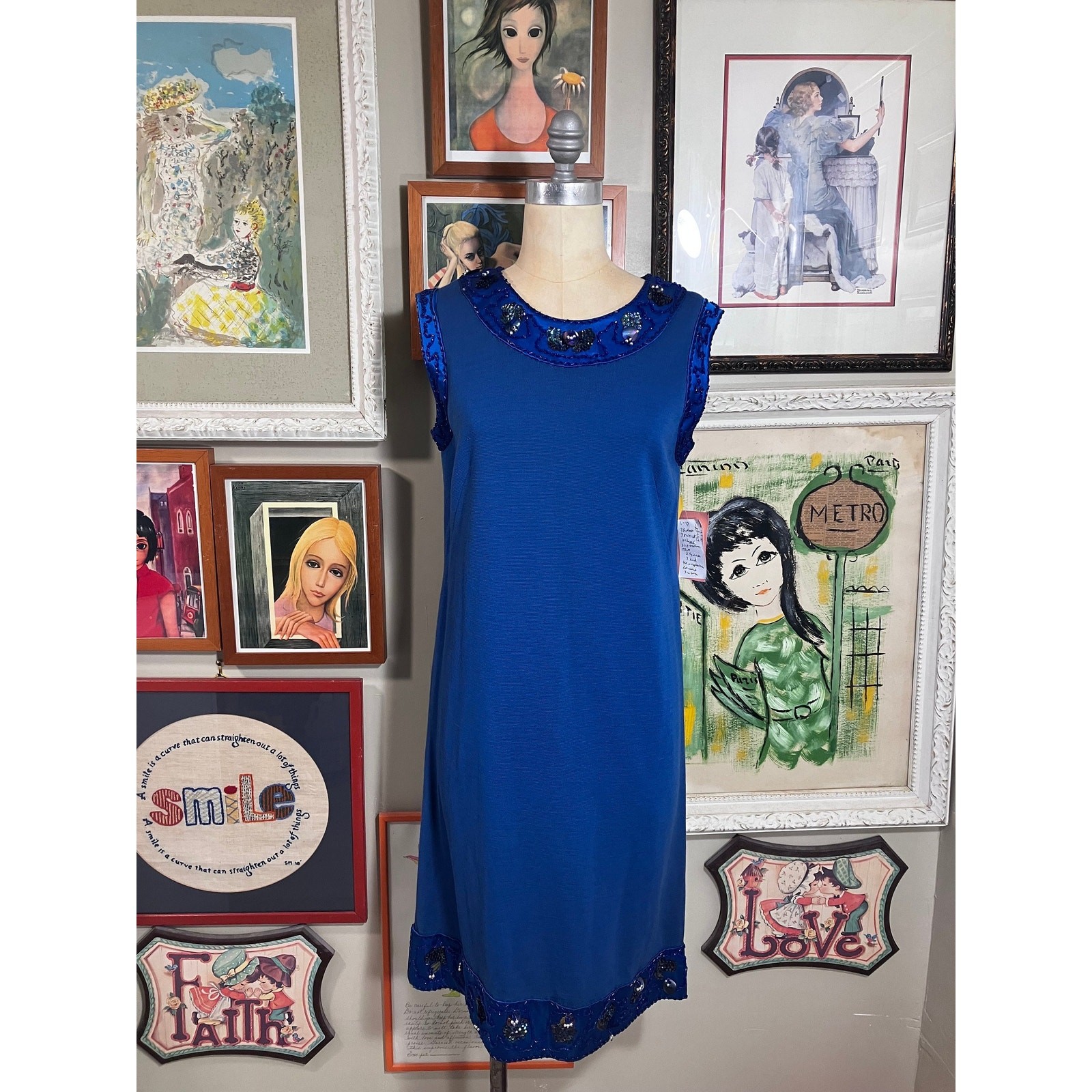 Palio 1960s 100% Virgin Wool Royal Blue Sleeveless Dress Beaded Trim Hong Kong