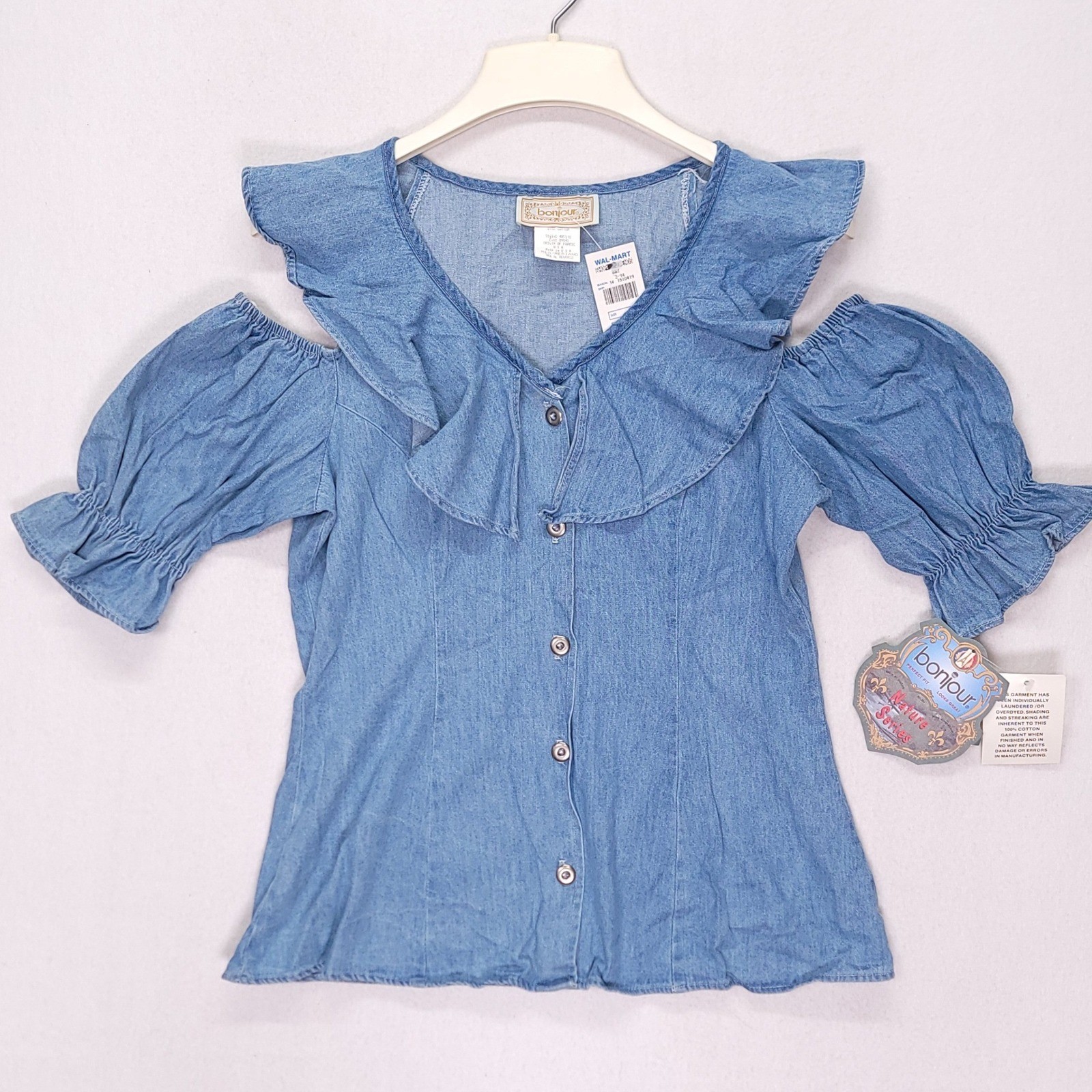 Vintage 90s Bonjour Denim Cold Shoulder Ruffle Top Blue Cotton Made in USA M
