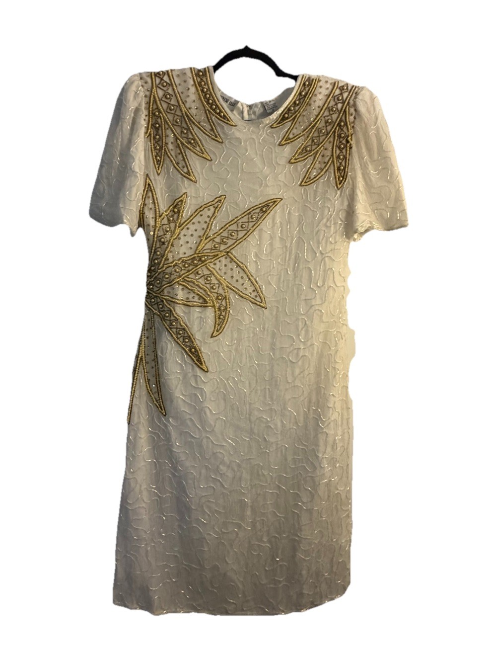 Authentic Vintage 1980s Medium Ivory Gold Beaded Lined Silk Cocktail Dress