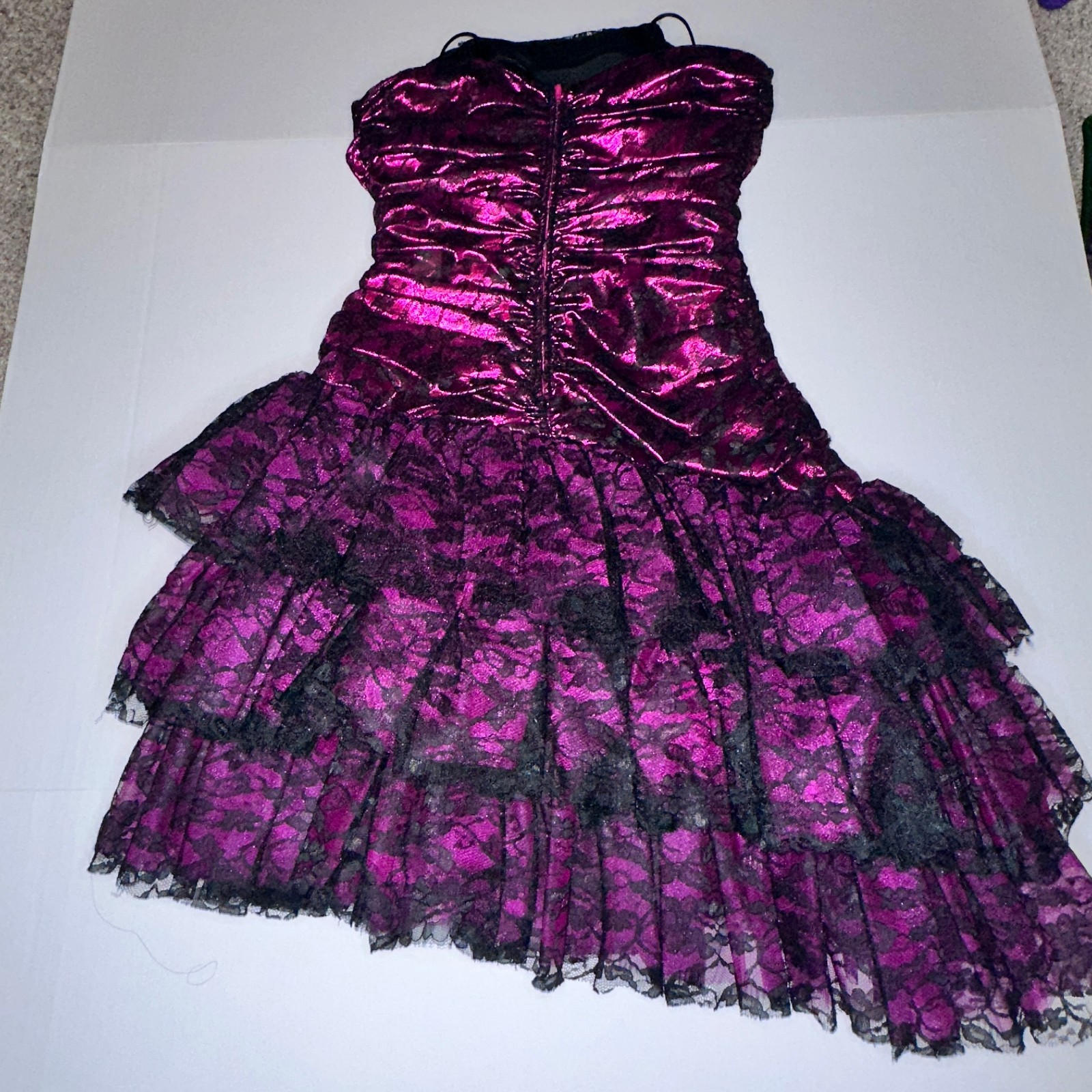VTG Night Moves Prom Dress Sz 5/6 Fuchsia Pink Metallic Black Lace asymmetrical