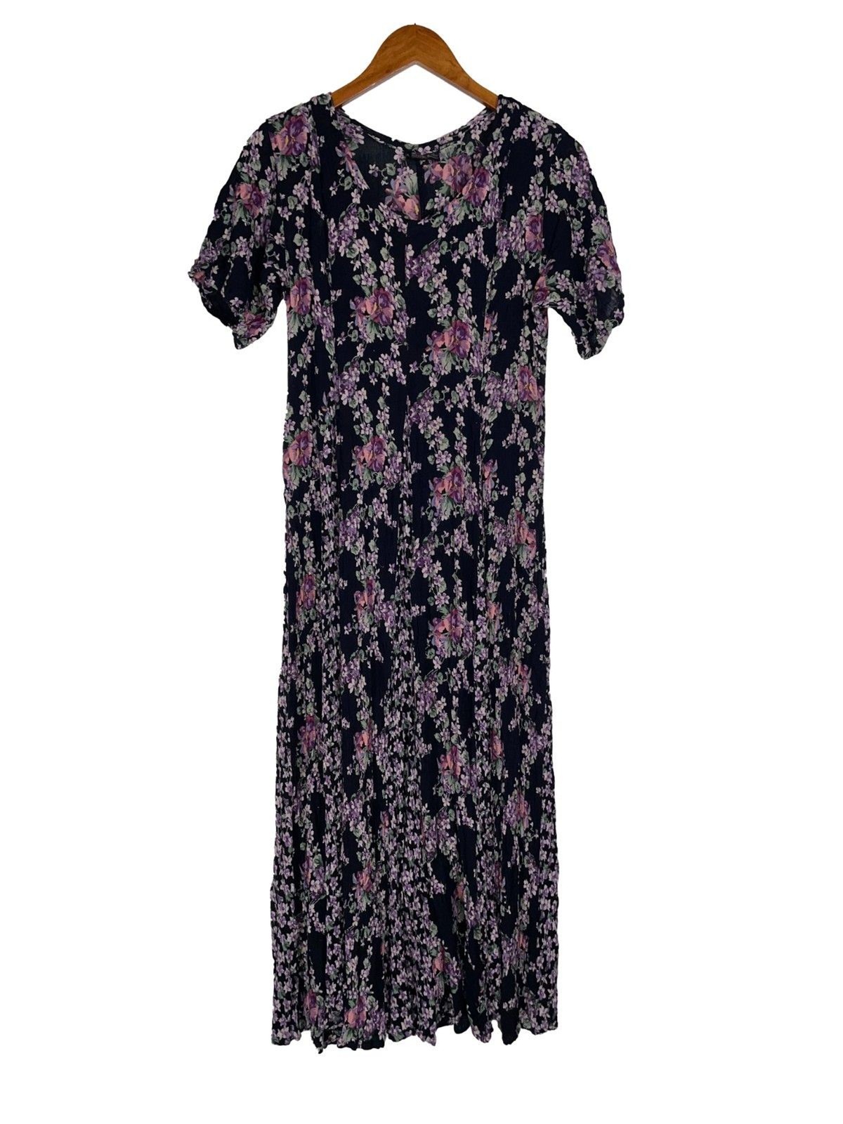 Vintage Rayon Floral Maxi Dress Black Pink Purple Size L Broadway Star