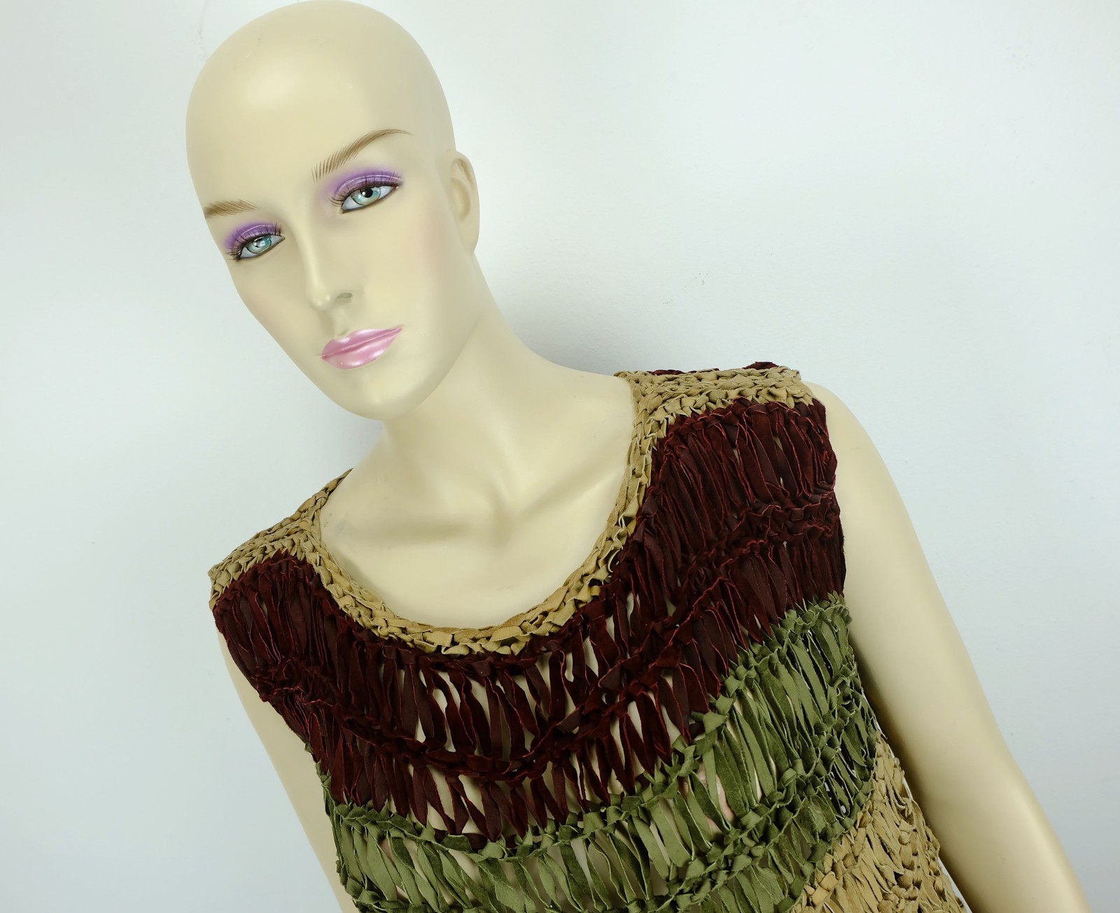 80s Suede SWEATER Sleeveless Top Hand Knitted Chunky Knit Size M Tri Tone