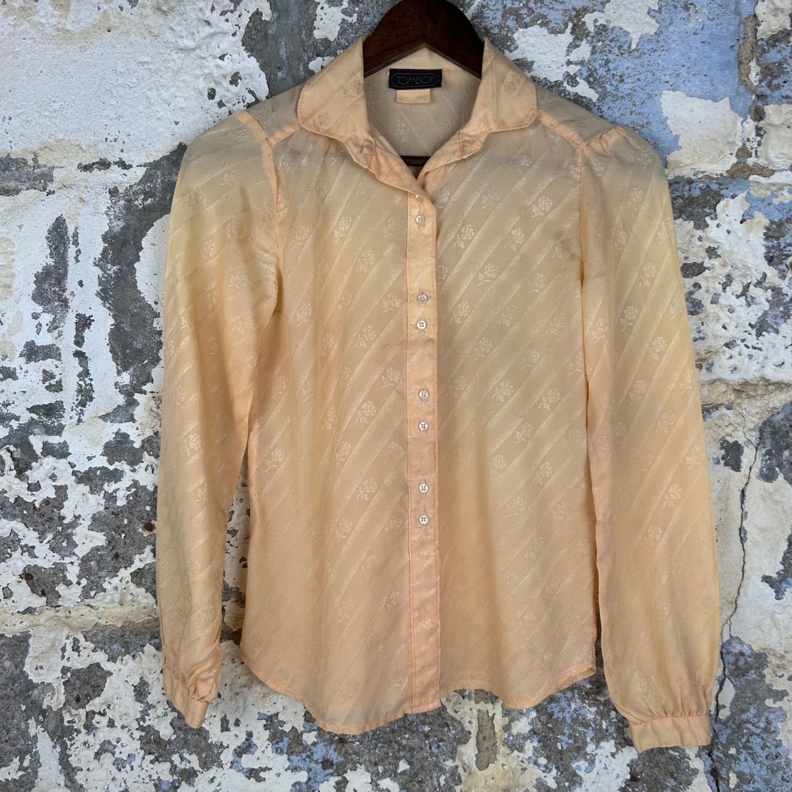 Vintage Tomboy Peach Floral Stripe Jacquard Sheer Button Up Blouse 70s 80s
