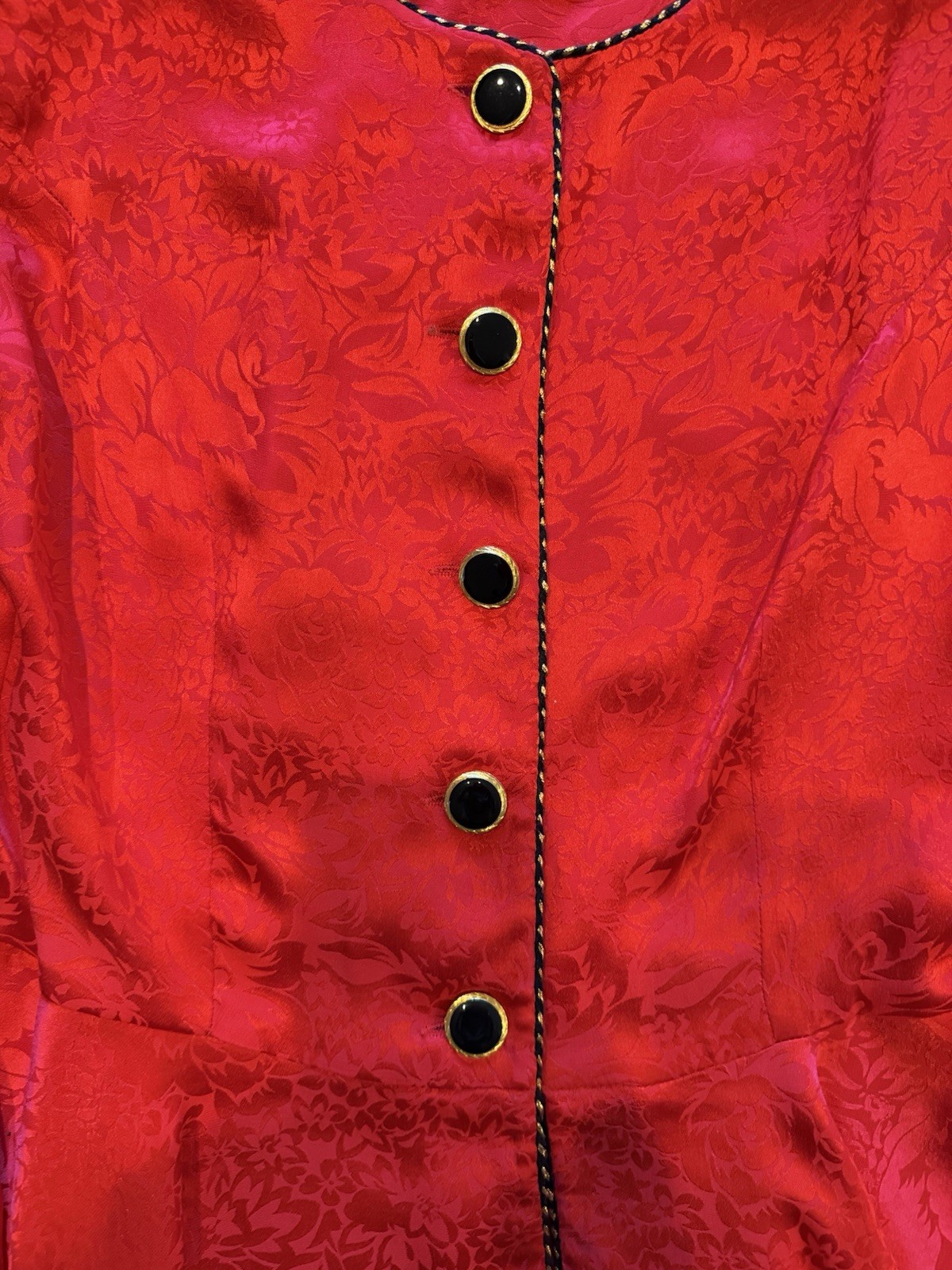 Vintage Courtenay Red Silk Jacquard Peplum Skirt Suit Set 80s 90s Romantic sz 8