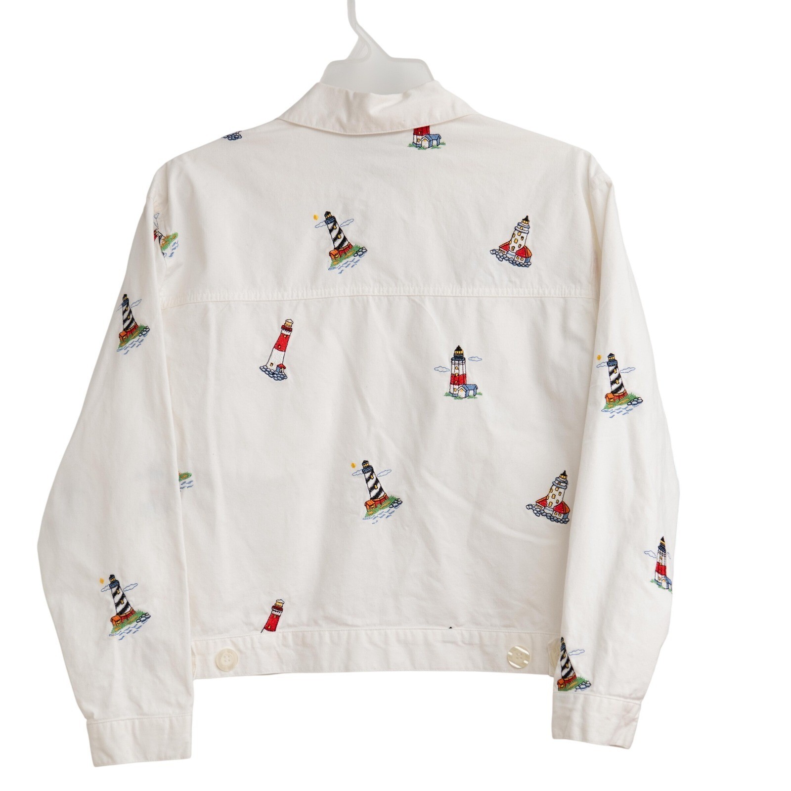 VTG 90s White Denim Embroidered Jacket Casey Coleman Sz S Lighthouse CottageCore