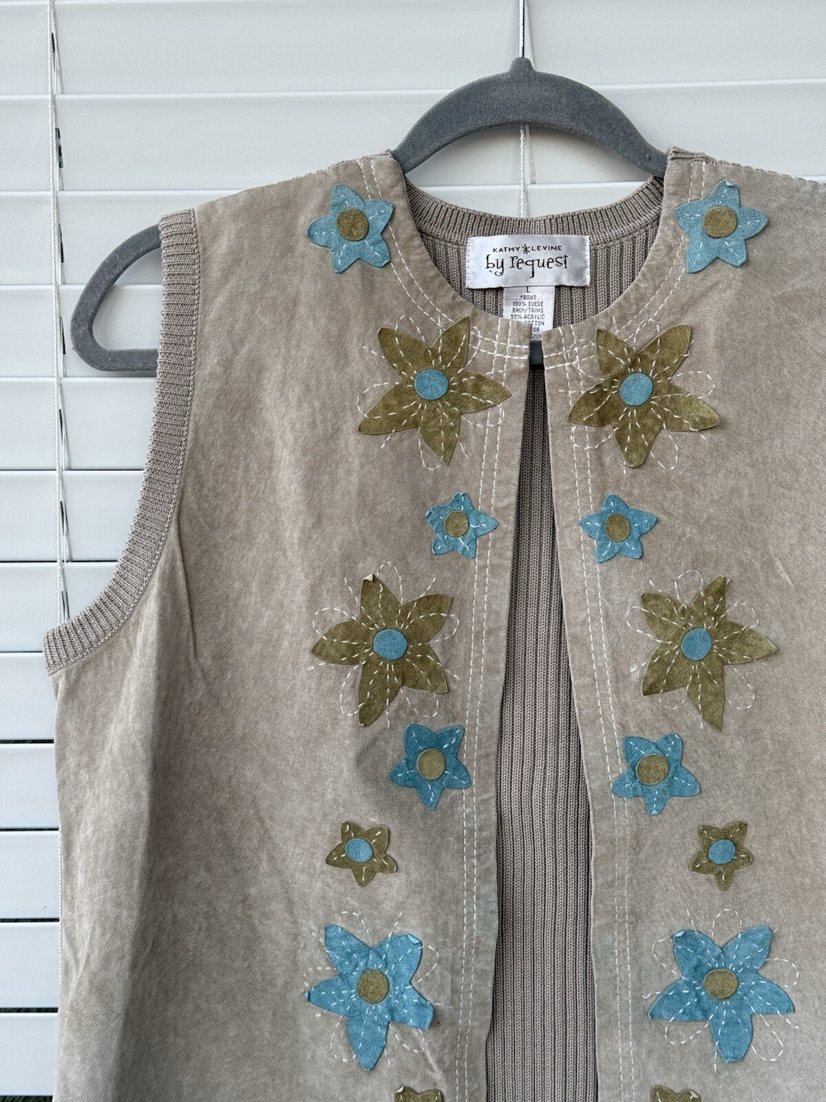 Vintage Suede Vest Request Kathy Levine Floral Embroidered Hippie 90s Festival L