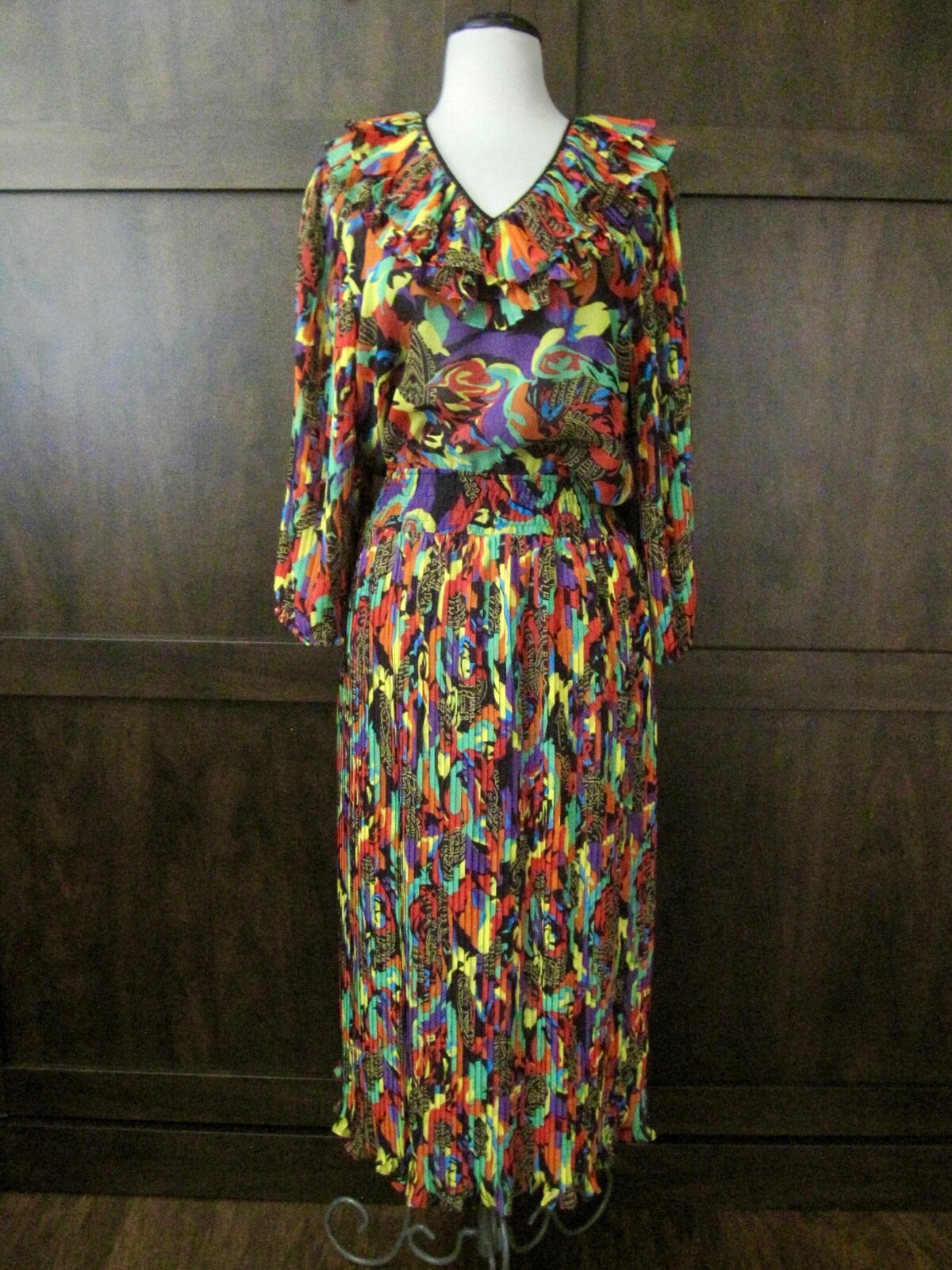 Vtg 80s Diane Freis Midi Maxi Dress Pleated Abstract Georgette Ruffle M/L Exclnt