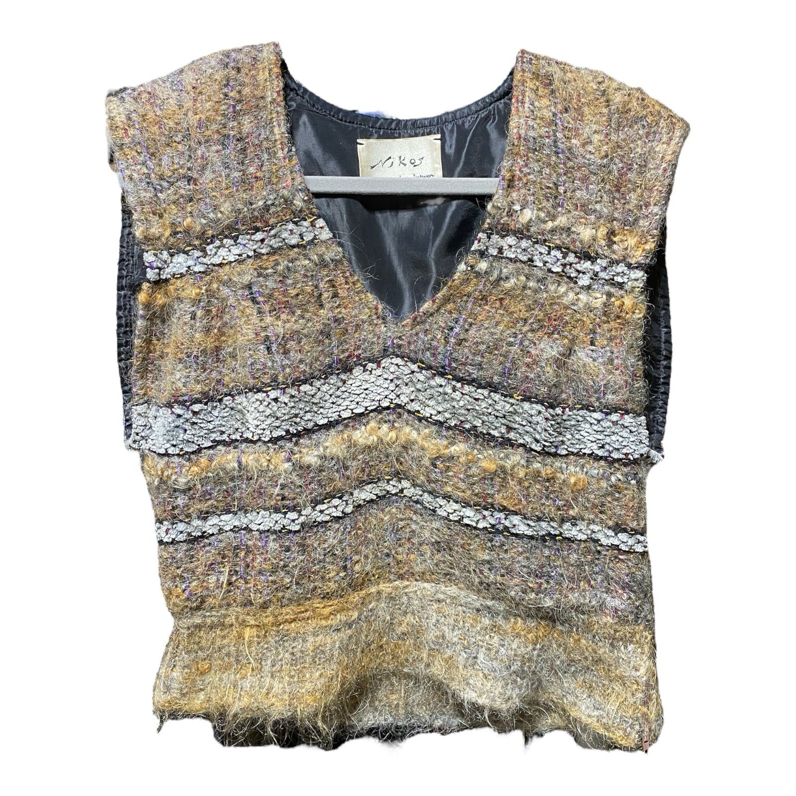 Rare Vintage Nikos Handwoven Art to Wear Vest Wool Fur boho Earthtones V-neck