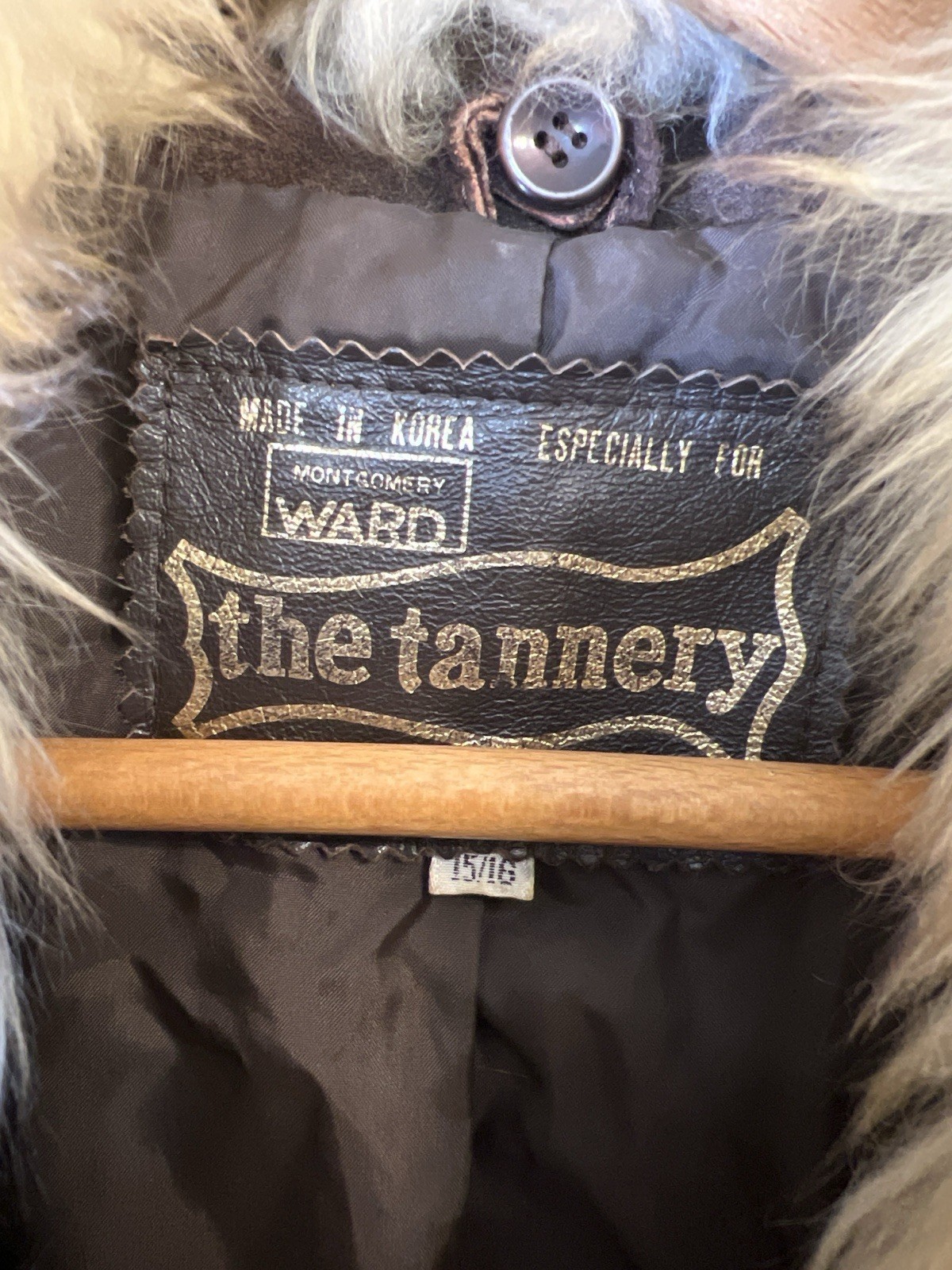 Vintage Wards The Tannery Leather Coat Fur Collar Belted Brown 15/16