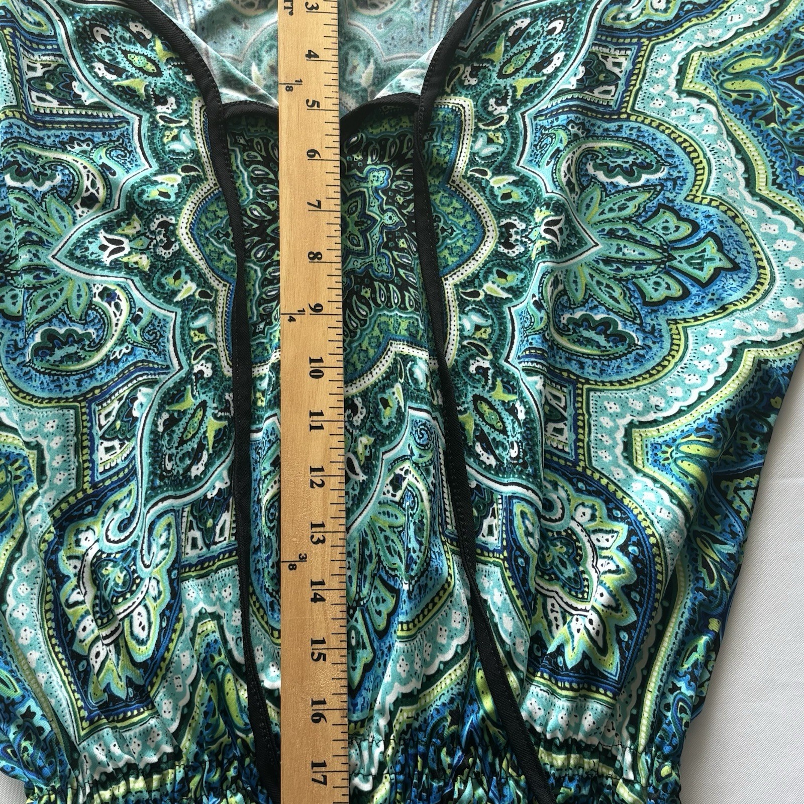 Vtg Carol Rose Peplum Top Blouse Petite Med Teal Lime Black Paisley Boho Peasant