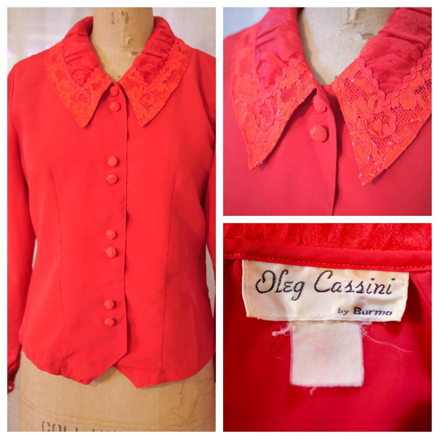 Vintage 60s OLEG CASSINI Burma Mod Red Blouse Top Lace Organza Portrait Collar M