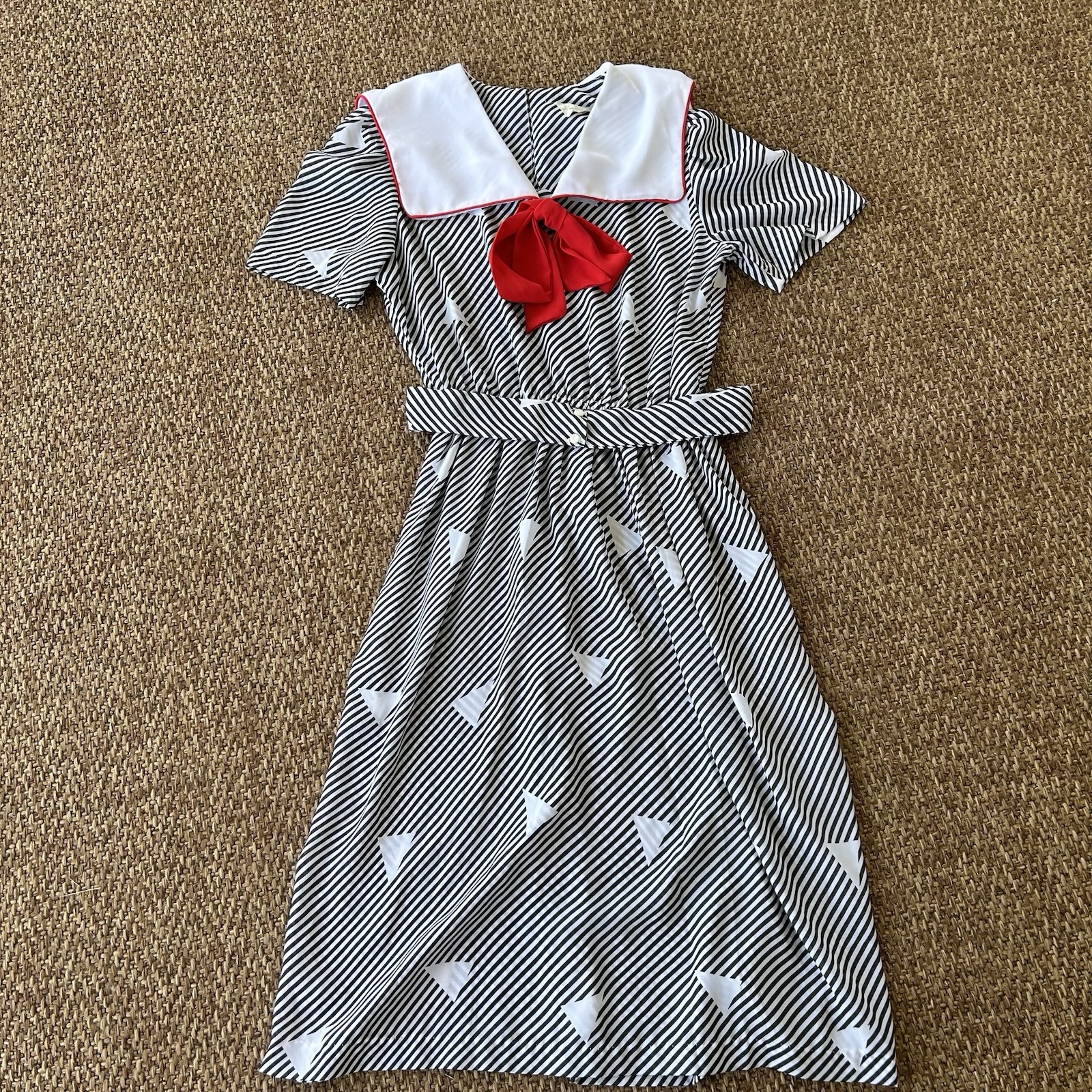 Vintage Black/Red Striped Sailor Dress Retro Nautical Dress Sheer Medium