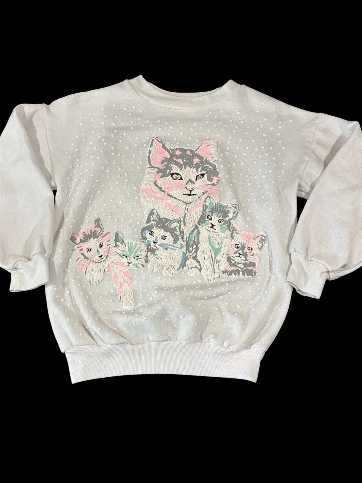 VTG 1980s Kitschy Cat Canadian Crewneck Womens XS Puff Paint Bedazzled Kitten