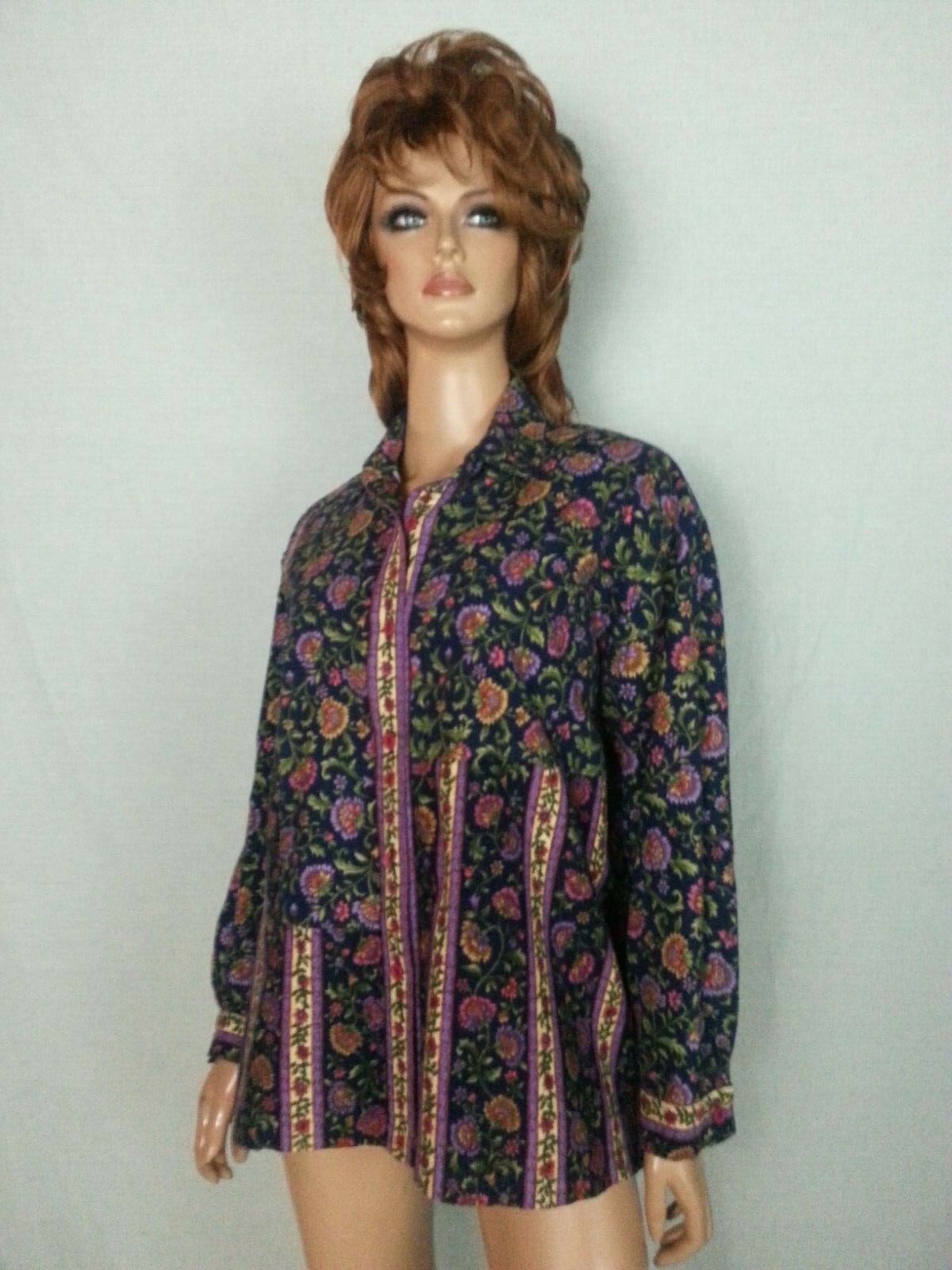 Vtg 70 80s Hand Made Blouse Top Button Down Blue Floral Long Sleeve Hippie L