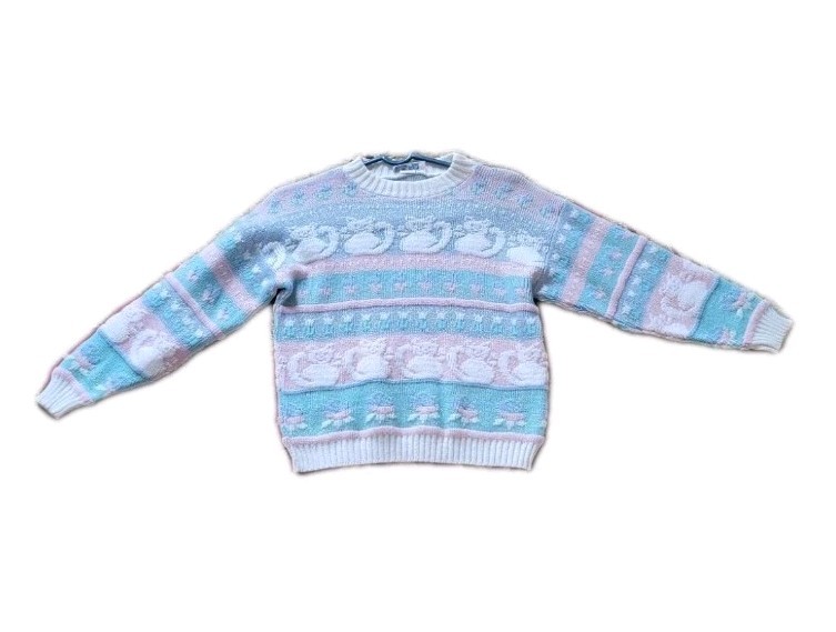 Vintage 80s Sparkly Pastel Cat Sweater Lurex Fairy Kei Rose Kawaii