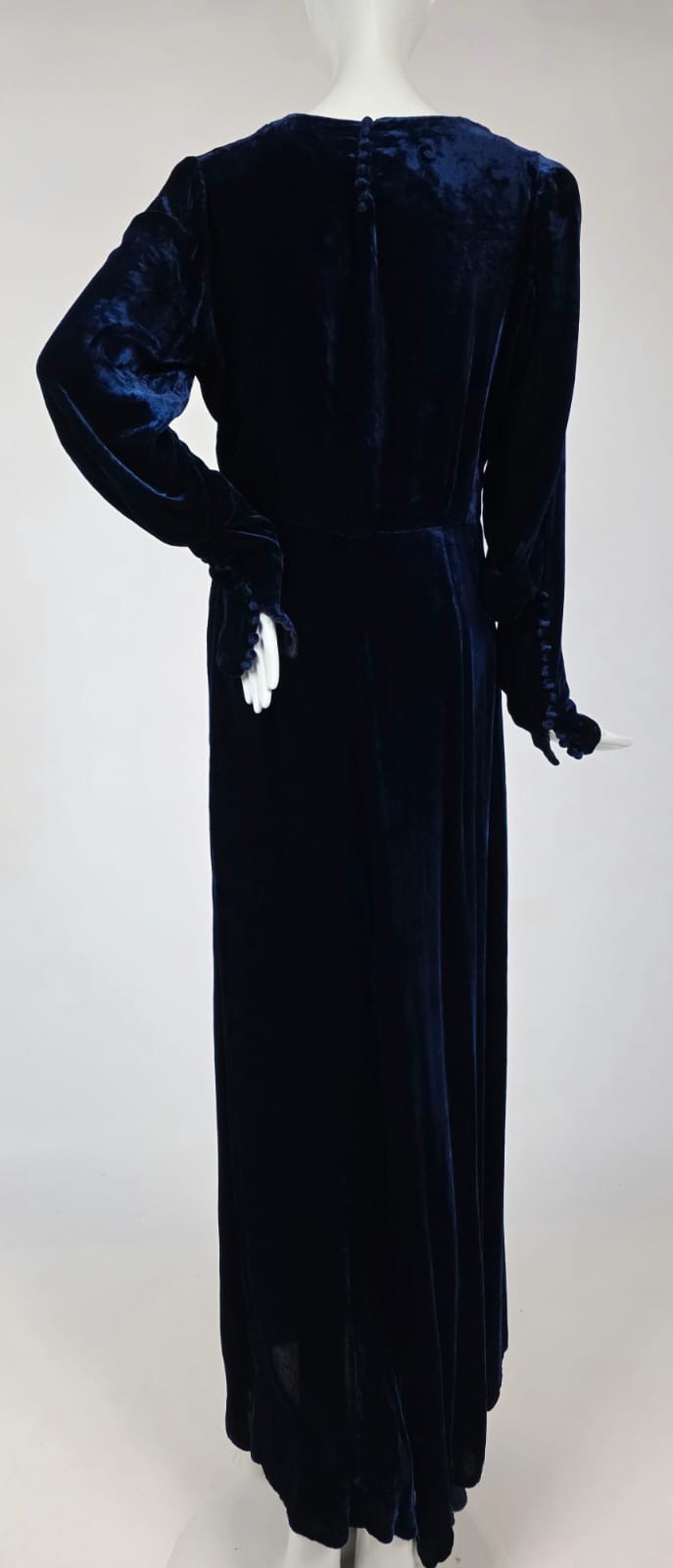 GLAMOUR 1930’S VIBRANT SAPPHIRE BLUE SILK VELVET LONG DRESS W DRAPED NECKLINE