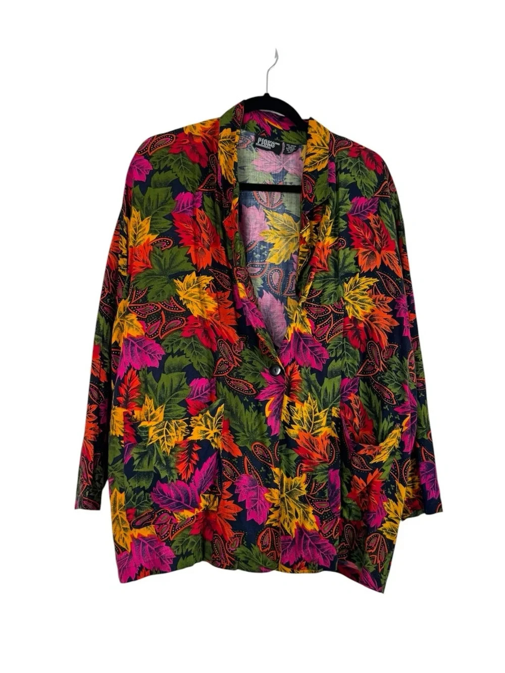 PIOKO Blazer Size L Vintage Bold Leaf Print Unstructured Single Button Boyfriend
