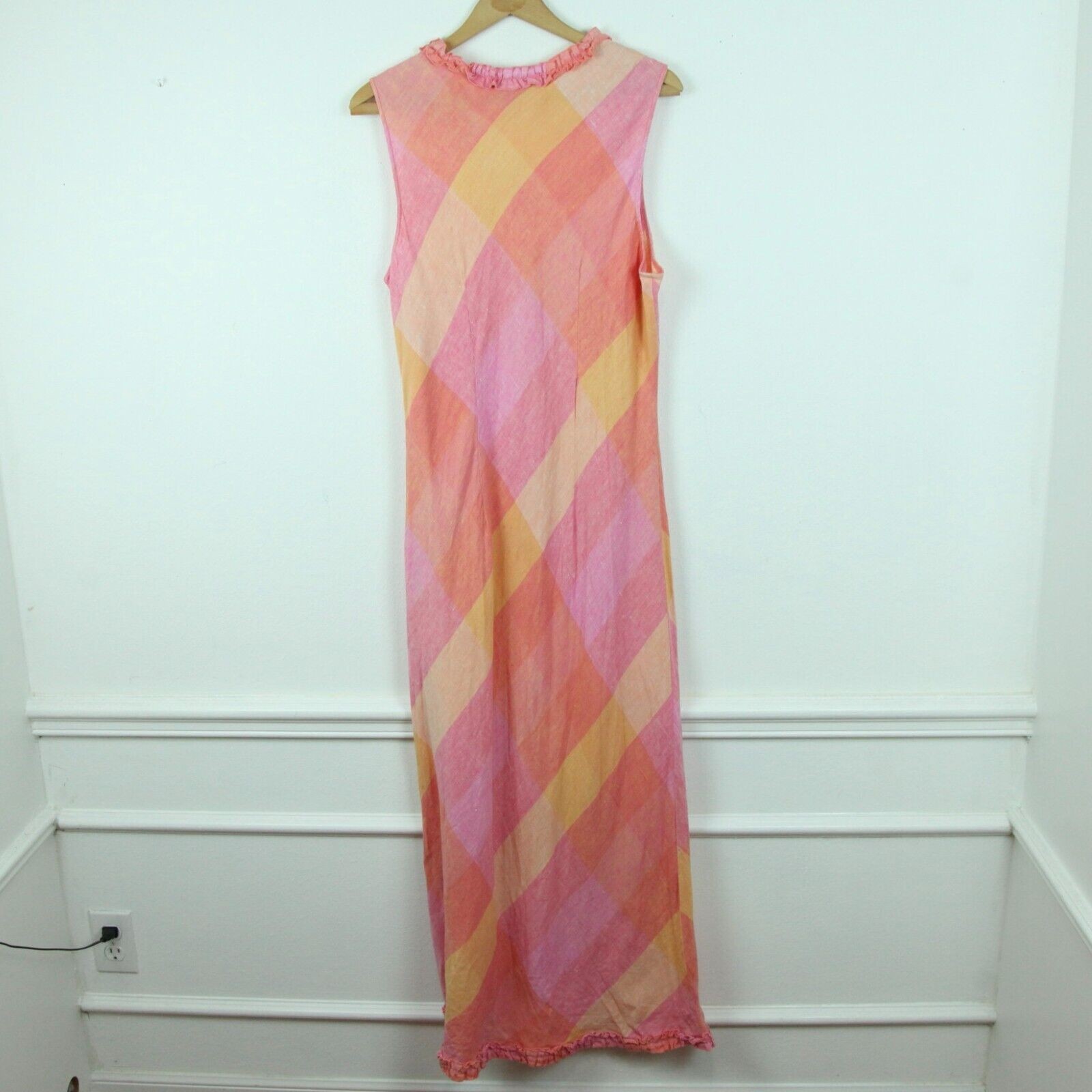 Vintage 90s Linen Maxi Dress Pastel Pink Plaid Country Club Preppy Bias 16 FLAW