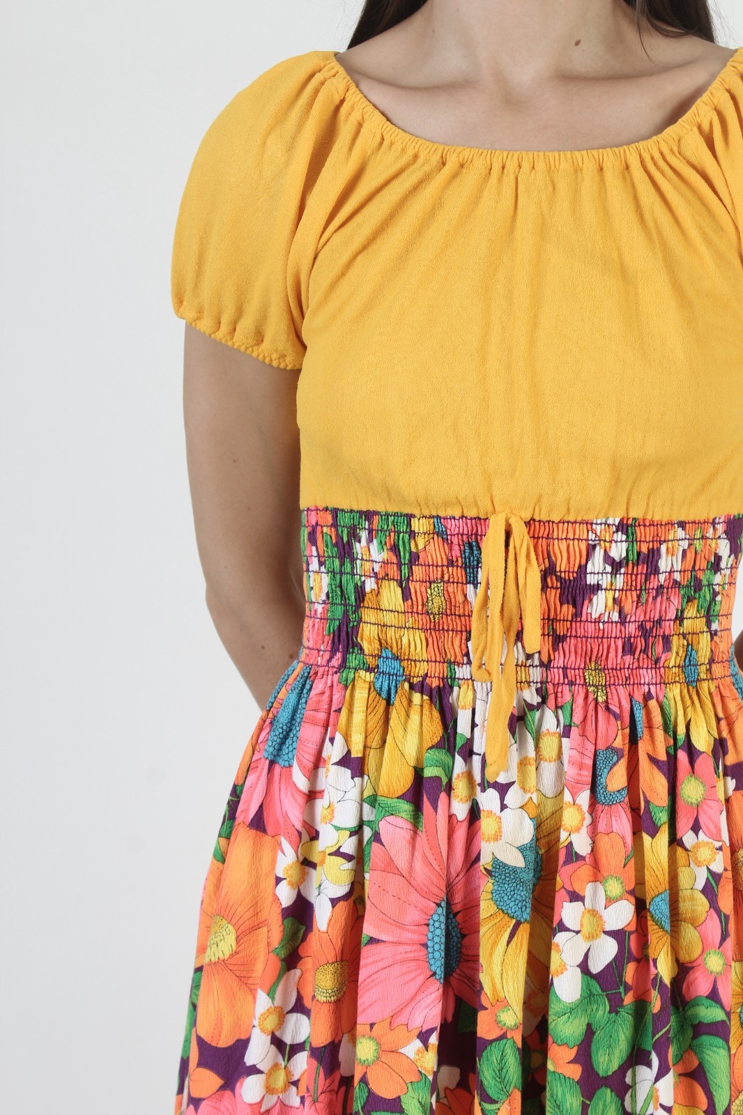 Vtg Tropical Print Dress Hawaiian Smocked High Waist Floral Tiki Luau Sundress