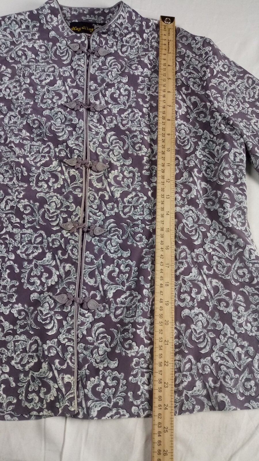 May King High Fashion Jacket Oriental Brocade Satin Gray Frog Buttons Size 13