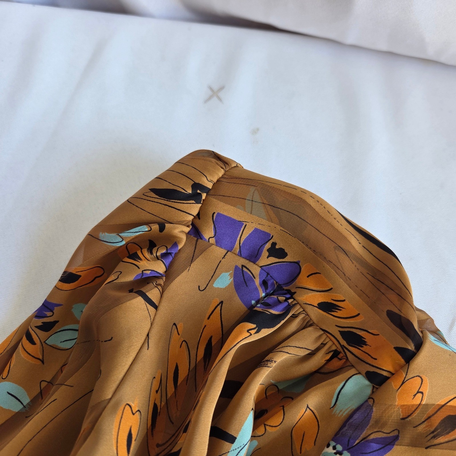 Vintage Nicola Floral Pussy Bow Blouse Brown Orange Purple Shoulder Pads Sz 10