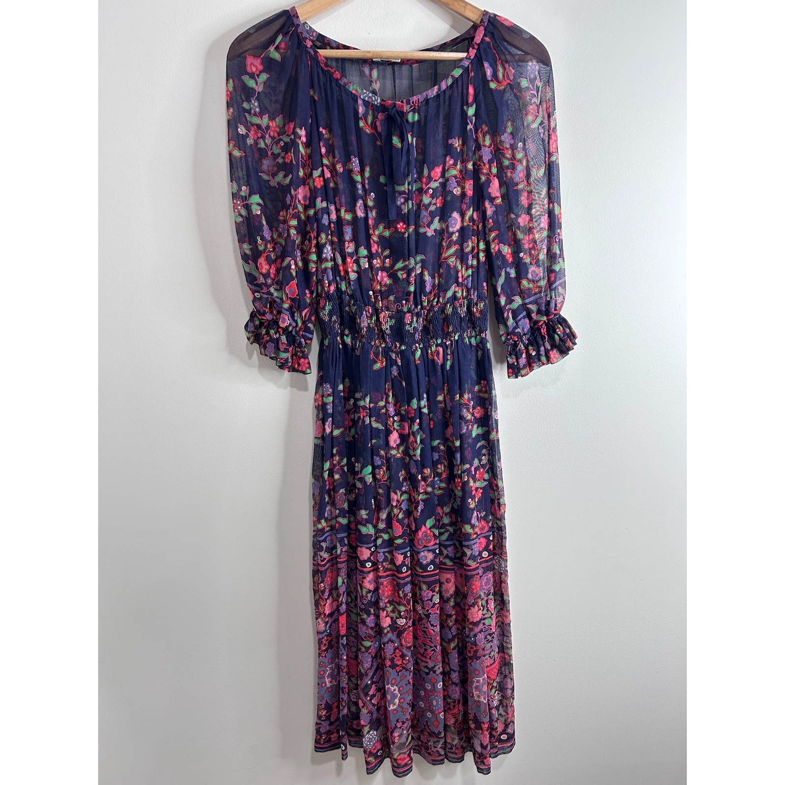 VintageTed Lapidus Paris Floral Dress Sz 42 Navy Blue Boho Ruched Feminine Fairy